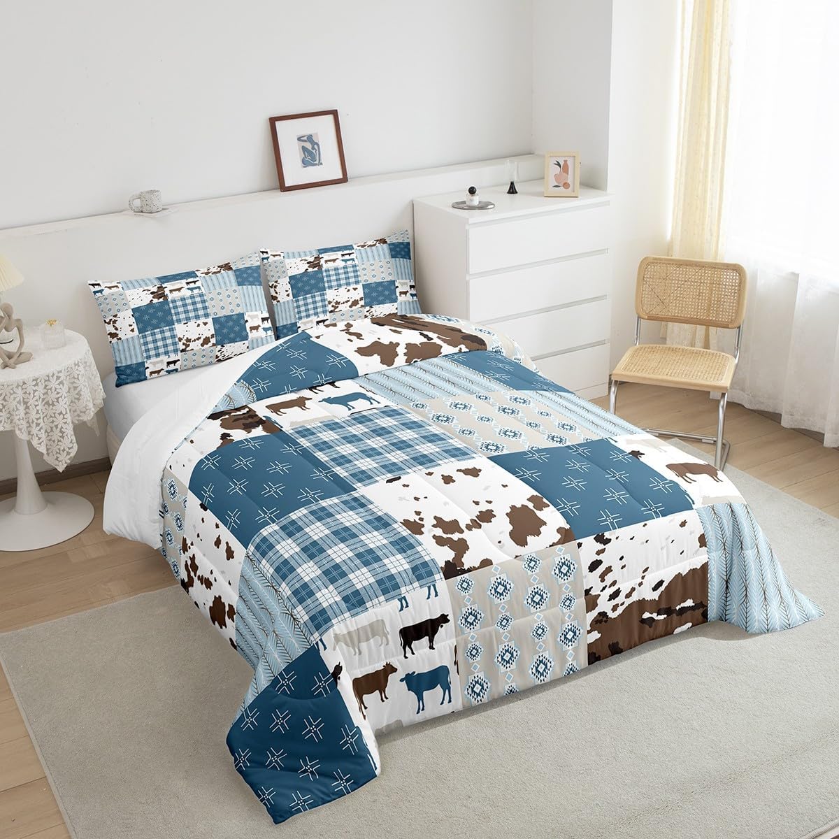 Feelyou Cow Print Comforter Set for Kids Boys Girls Cartoon Milk Cow Comforter King Size Farmhouse Cowhide Bedding Set Bedroom Decor Blue White Duvet Set Animal Quilt Set 3Pcs