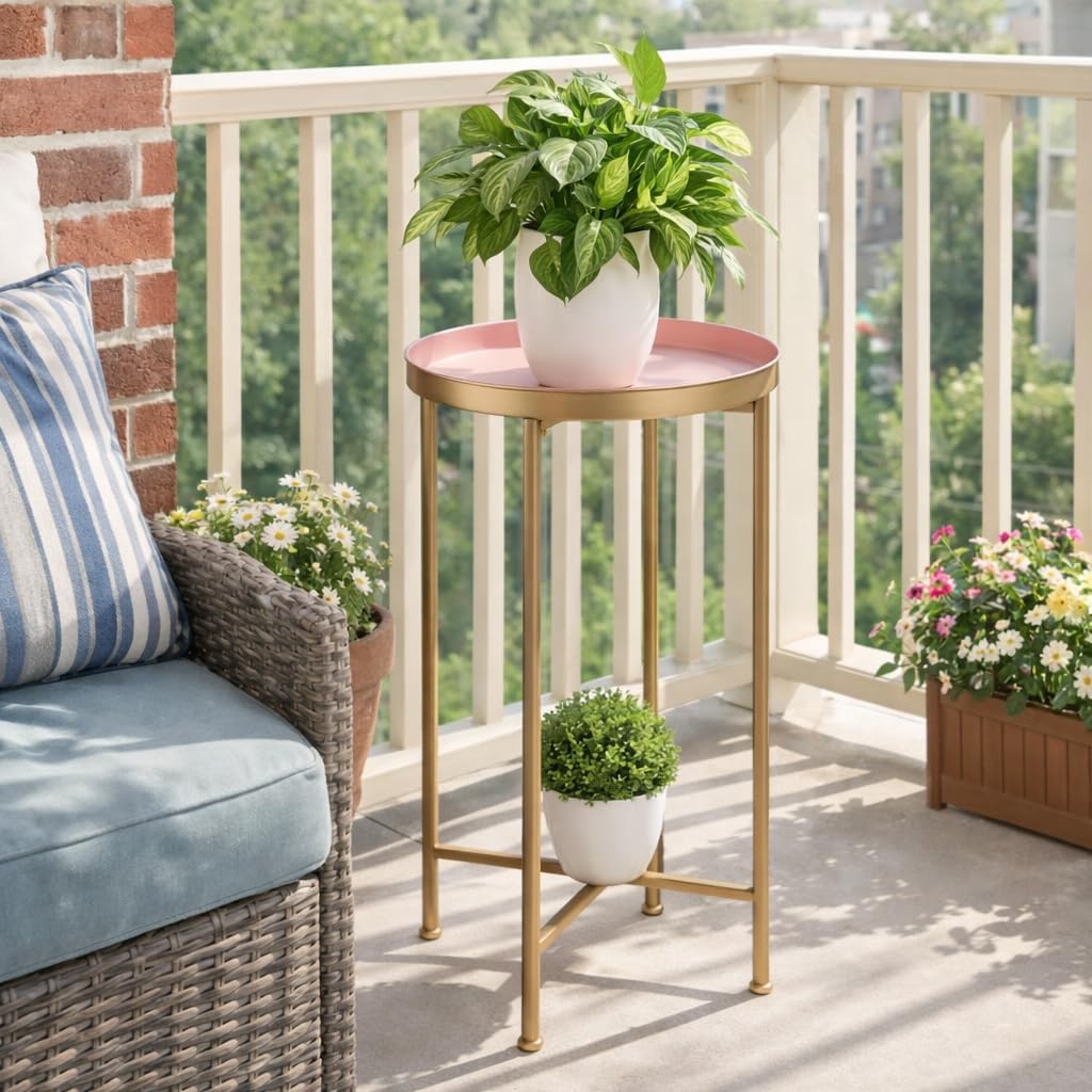 HollyHOME Small Round Metal End Table, Accent Indoor&Outdoor Coffee Side Table, Snack Sofa Table for Living Room, Anti-Rust Decorative Plant Stand, (D) 14.5" x(H) 25", Gold&Pink