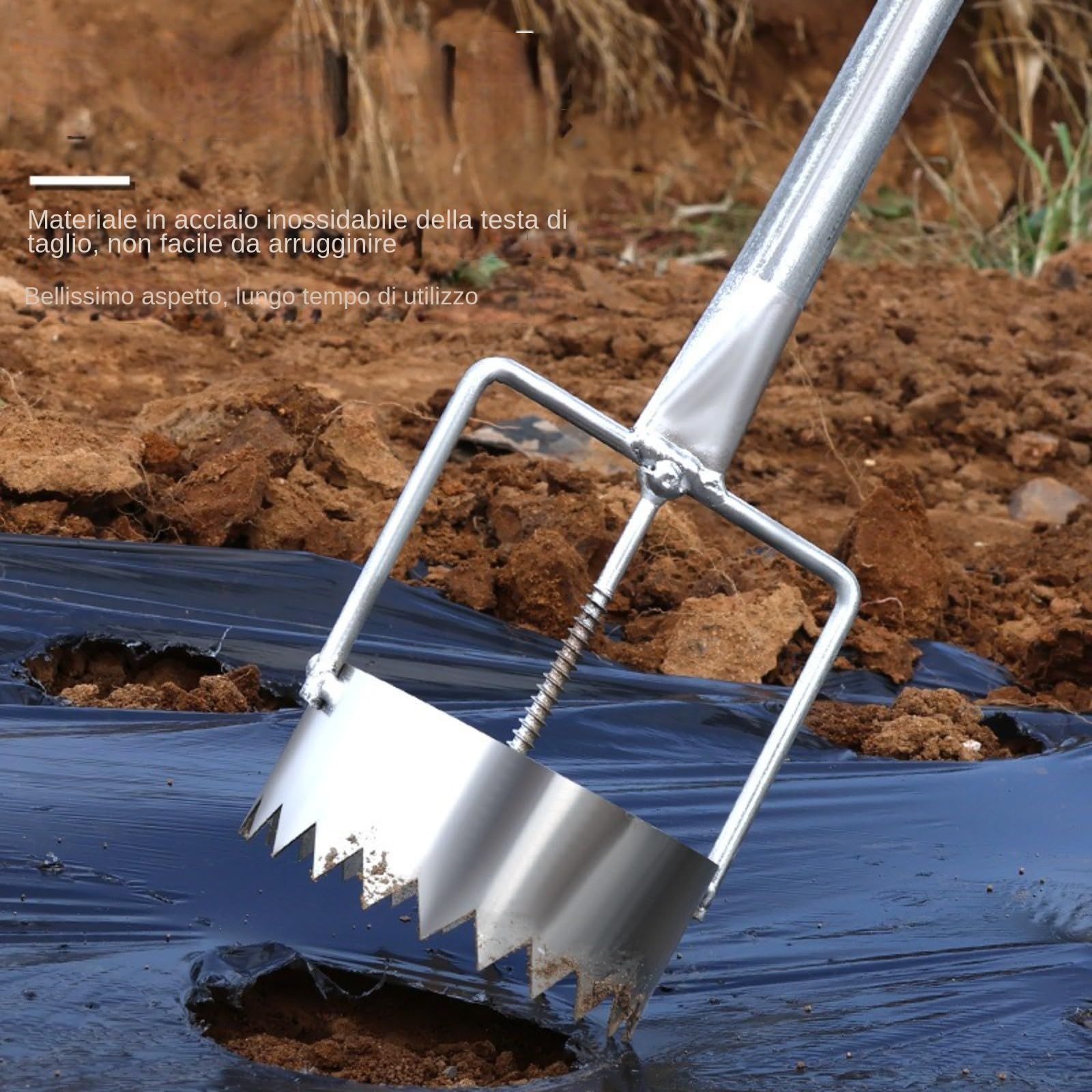 Foratrice per bulbi e pacciamatura, in acciaio inox, regolabile, strumento per la rimozione delle zolle, per piantare serre, cura del prato e lavori in giardino,Perforatrice per pellicole di plastica,