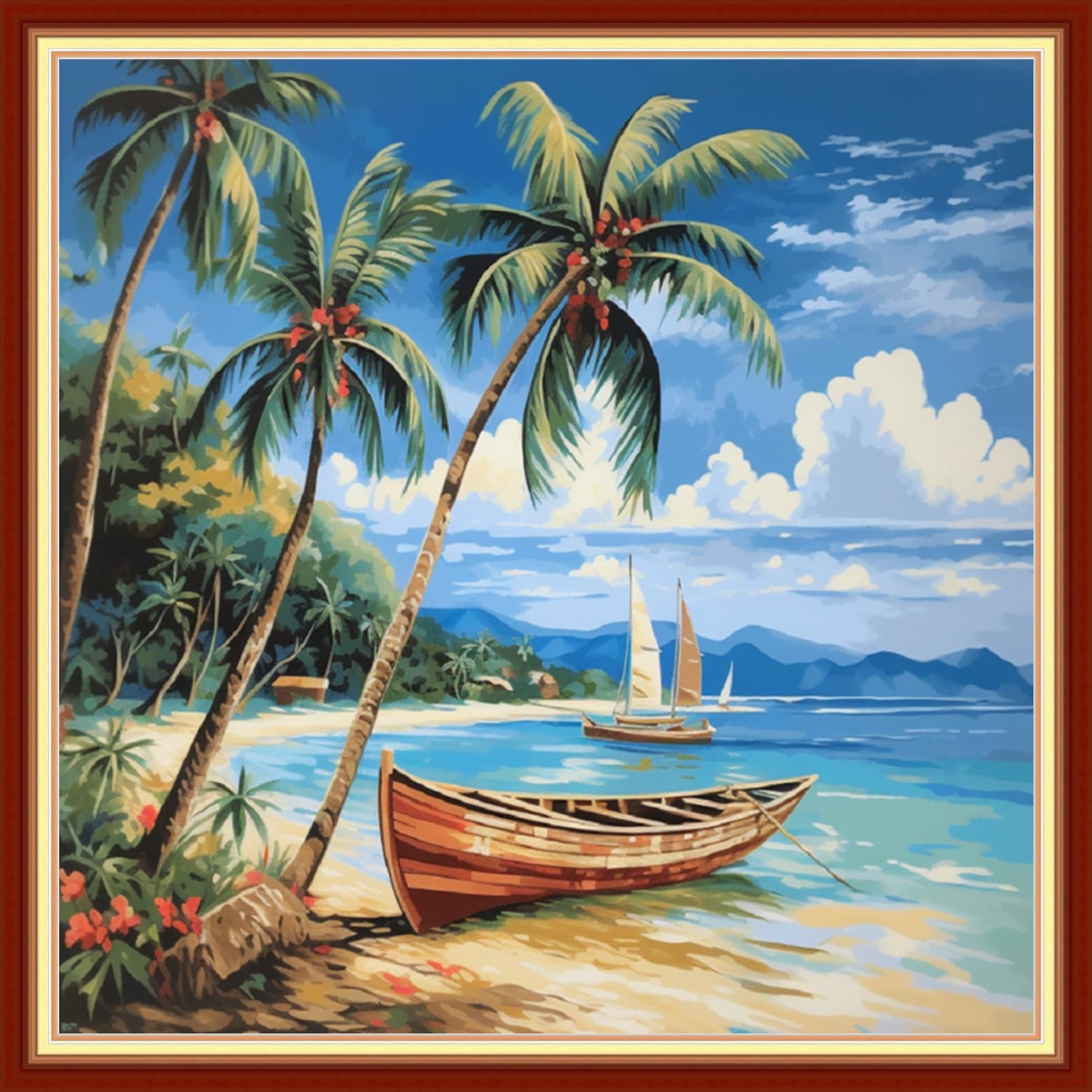 Joyhoor Stamped Cross Stitch Kits for Beginners Needlepoint Kits for Adults Embroidery Kits 11CT Counted Cross Stitch Kits Printed Embroidery Pattern-Seaside Boat 18x18 inchs