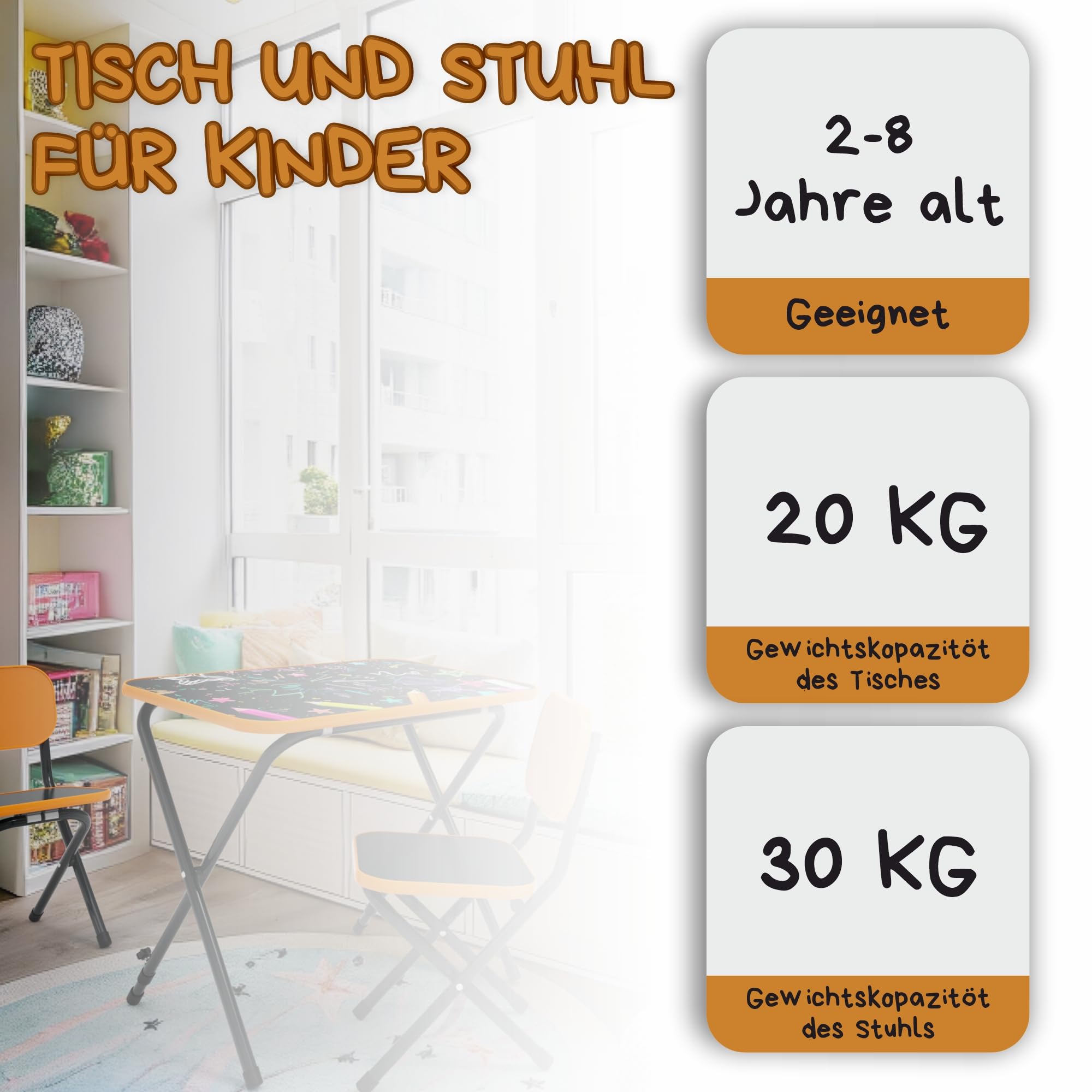 VILHA Table pour enfant avec 2 chaises - Ensemble de sièges évolutifs et pliables - Table de jeu pratique pour les tout-petits - Plateau inclinable - Orange