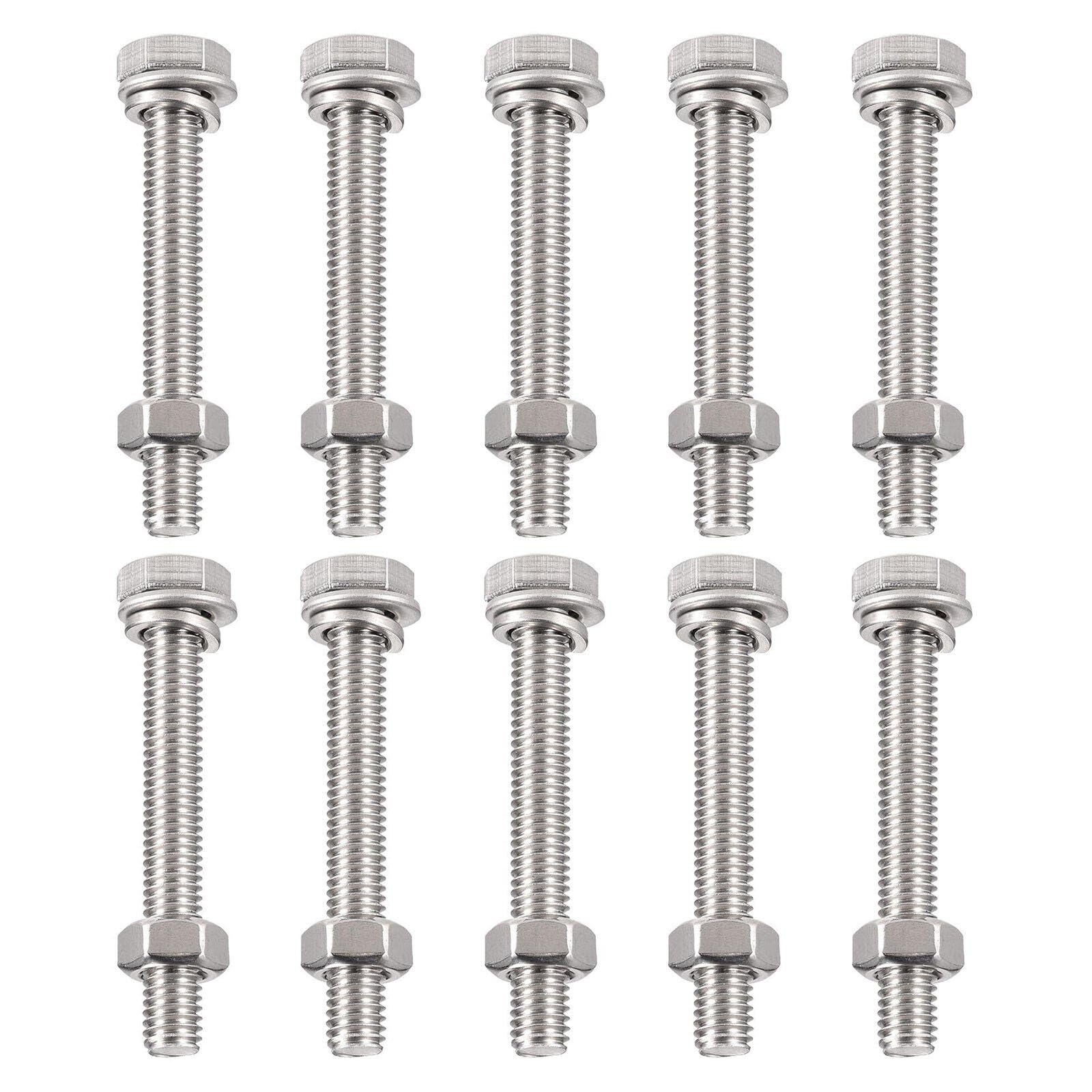 TA-VIGOR 10Pcs M6 x 45mm Hex Head Screws Bolts, Nuts, Flat & Lock Washers Kits, Fully Thread Hexagon Bolts