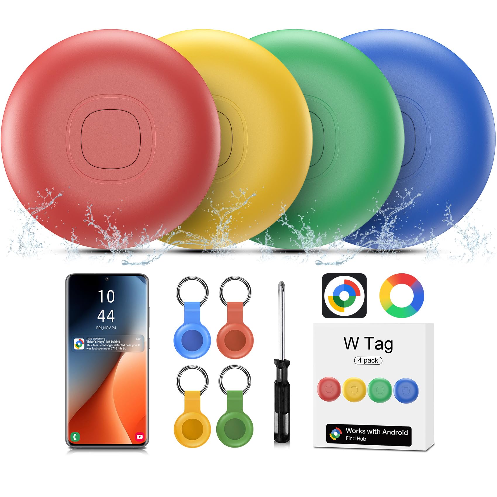 Air Tracker Android 4 Pack, IP67 Impermeabile Smart Tag Individuatore chiavi compatibile con Google Find Hub APP (Android Solo) Bluetooth Tag Key Finder per Bagaglio/Portafoglio/Valigia/Borse