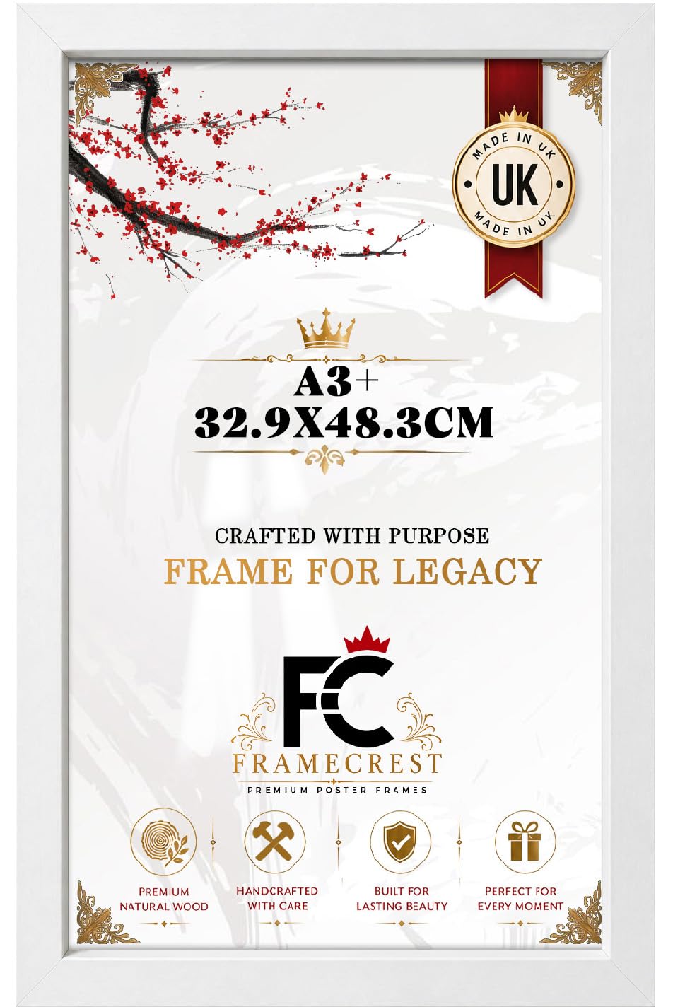Framecrest Ltd White Framecrest Flat Profile Large A3+ 32.9X48.3cm Poster Frame Eton Wood Perfect For Wall Gallery, Living Room & Wall Hanging Mount Poster Picture-[White]