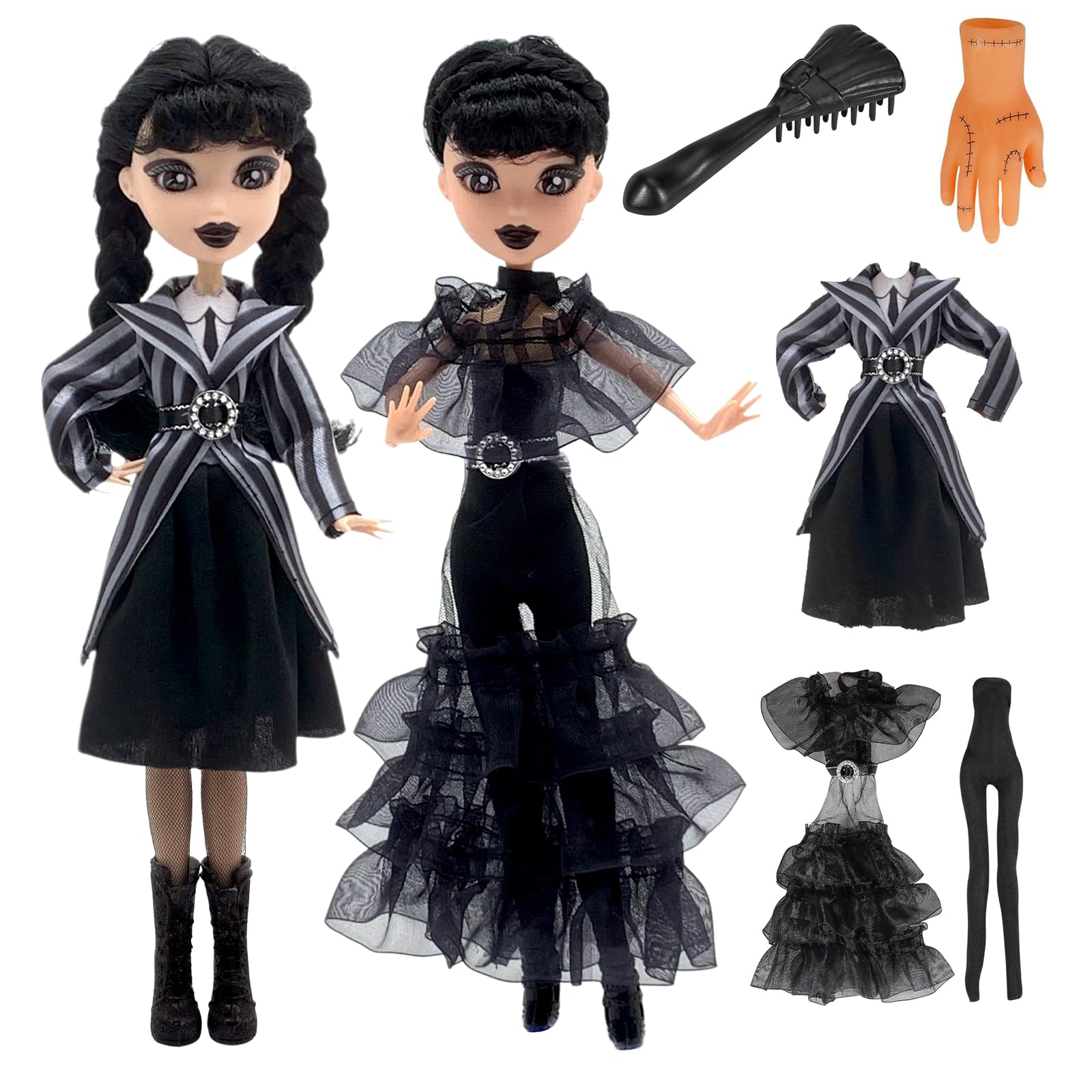 Addams Toys,11'Long Sleeve Dots Dress, Red Lips, Made to Move Addams Dolls, Addams Toys for Kids, Birthday,Halloween,Thanksgiving and Christmas Idea Gifts (New-2pcs)