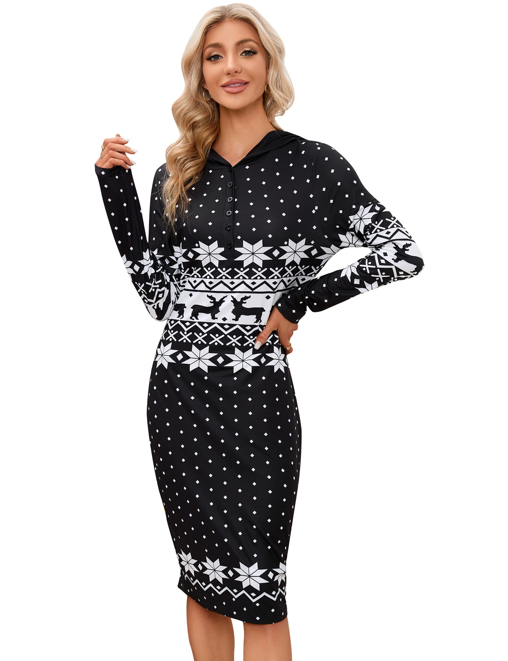 MISSKYWomen's Casual Slim Knee Lenth Half Button Up Pullover Hoodie Dress