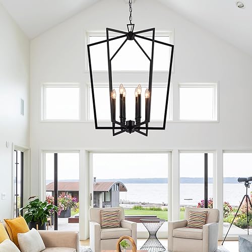 Miniatura 3 de Vezzio Candelabro negro, 6 luces modernas de granja, geométricas industriales, lámpara colgante para comedor, vestíbulo, isla de cocina, techo alto,