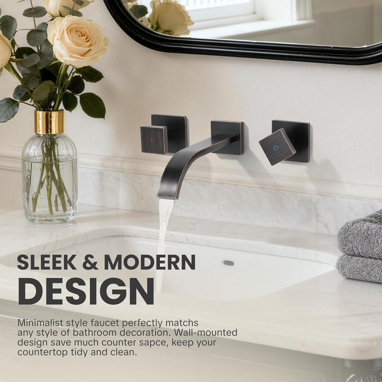 Wall Mount Bathroom Faucet 3 Hole, ALEASHA Waterfall Bathroom Faucet with Two Handles, Solid Brass Bathroom Sink Faucet with Rough-in Valve, Vessel Sink Faucet for Vanity, Oil Rubbed Bronze