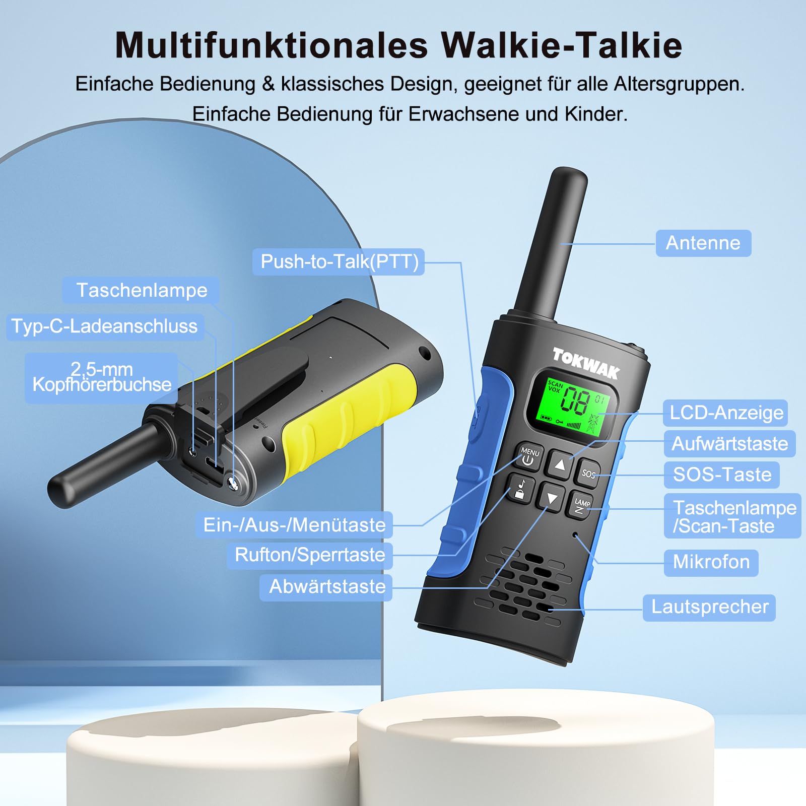 Walkie Talkies 4er Set, Walkie Talkie Aufladbar für Kinder Erwachsene, Große Reichweite Walki Talki mit Akku, Walky Talky VOX Taschenlampe für Camping, Freien, Wandern