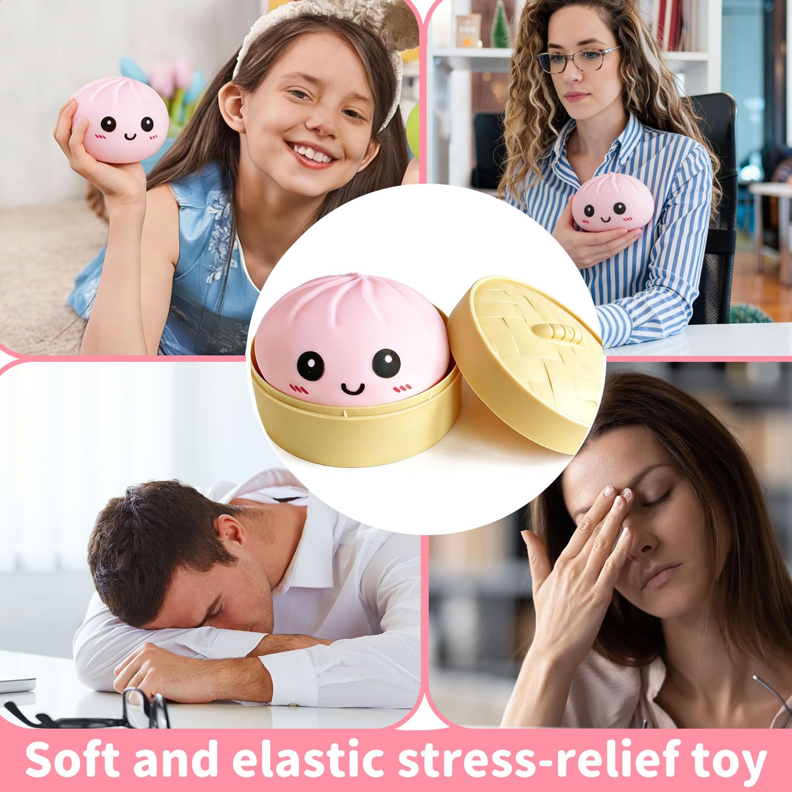 Dumpling Squishy Mystery Box, Super Soft Slow Rising TPR Tear-Resistant Smiley Face Dumpling Toy, Fidget Sensory Toys for Easter Basket Stuffers, Parties, Classroom Prizes Adults Kids（Pink） — view 7