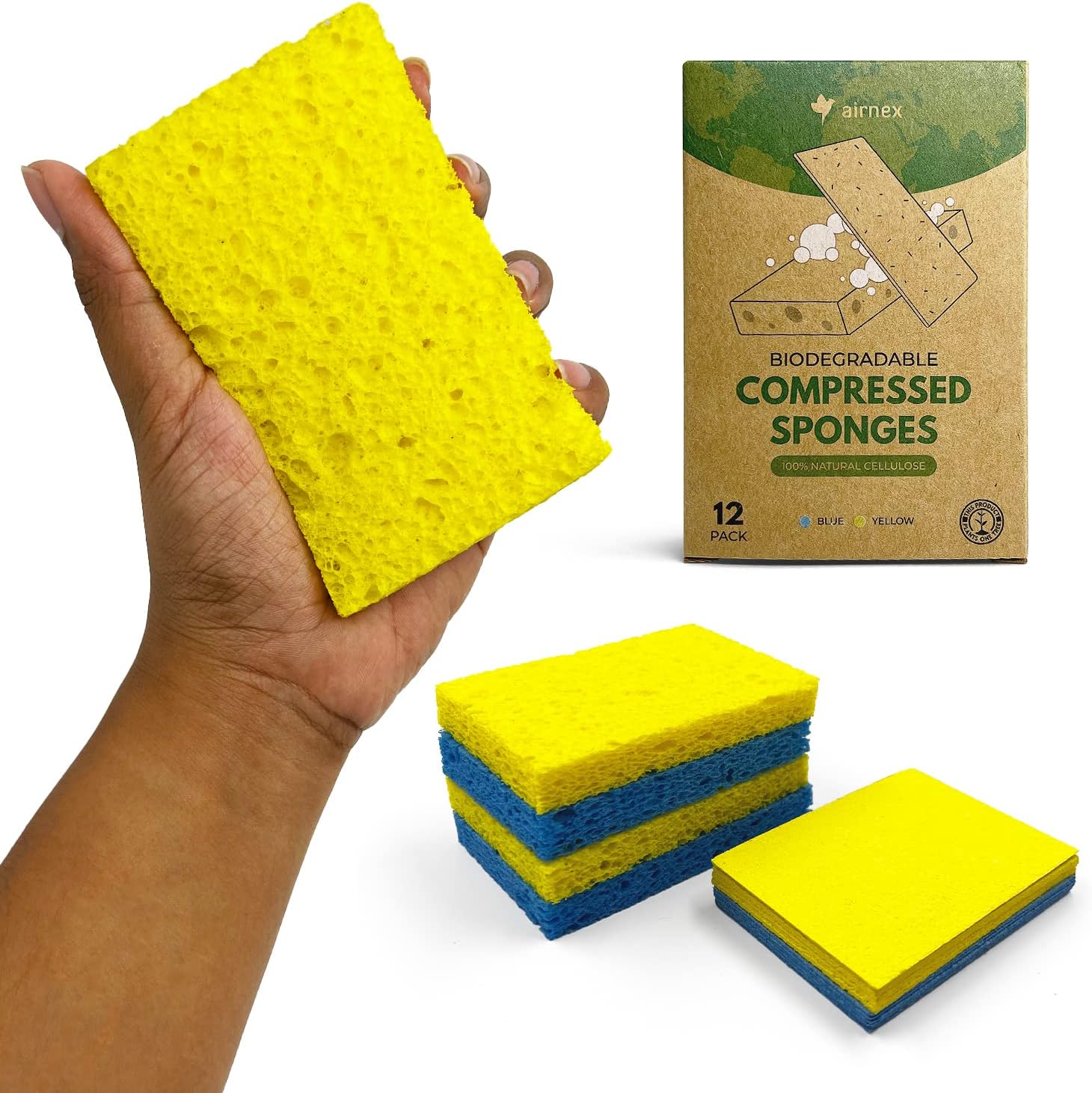 Biodegradable Cellulose Compressed Sponges - Pack of 12 Kitchen Sponges for Cleaning - Heavy Duty and Natural Multipurpose Household Cleaning Sponges Good for Kitchen, Bathroom, and Surfaces…