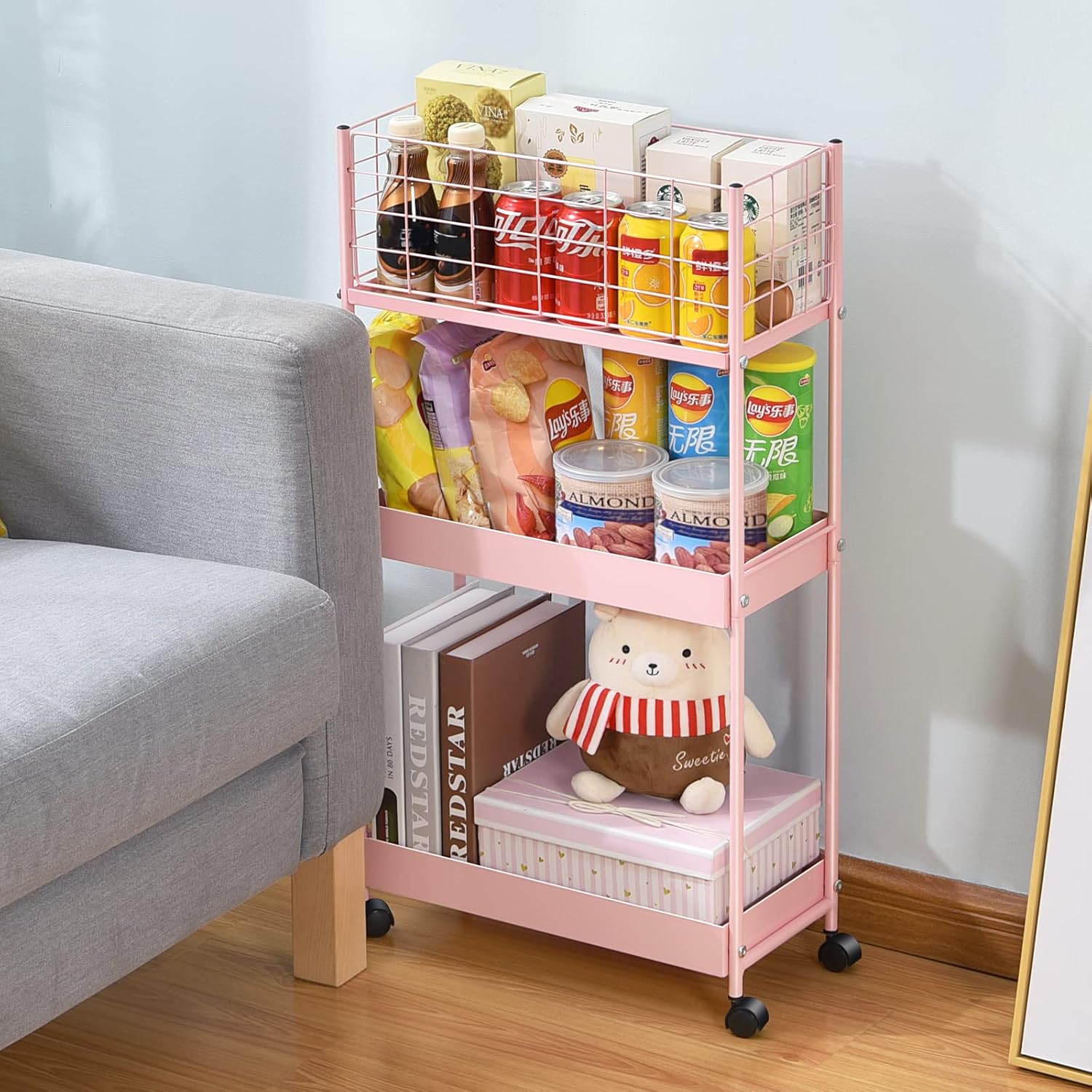 APEXCHASER Slim 3-Tier Metal Rolling Cart - Slide Out Storage, Makeup Lash Cart for Bathroom & Laundry Room, Pink