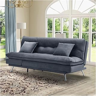 INMOZATA Velvet Sofa Bed Double 190cm 3 Seater Sofa Click Clack Recliner Couch Button Tufted Bed Settee Convertible sofabed with 2 Pillows for Living Room Bedroom, 190cm x 103cm x 87cm (Grey)