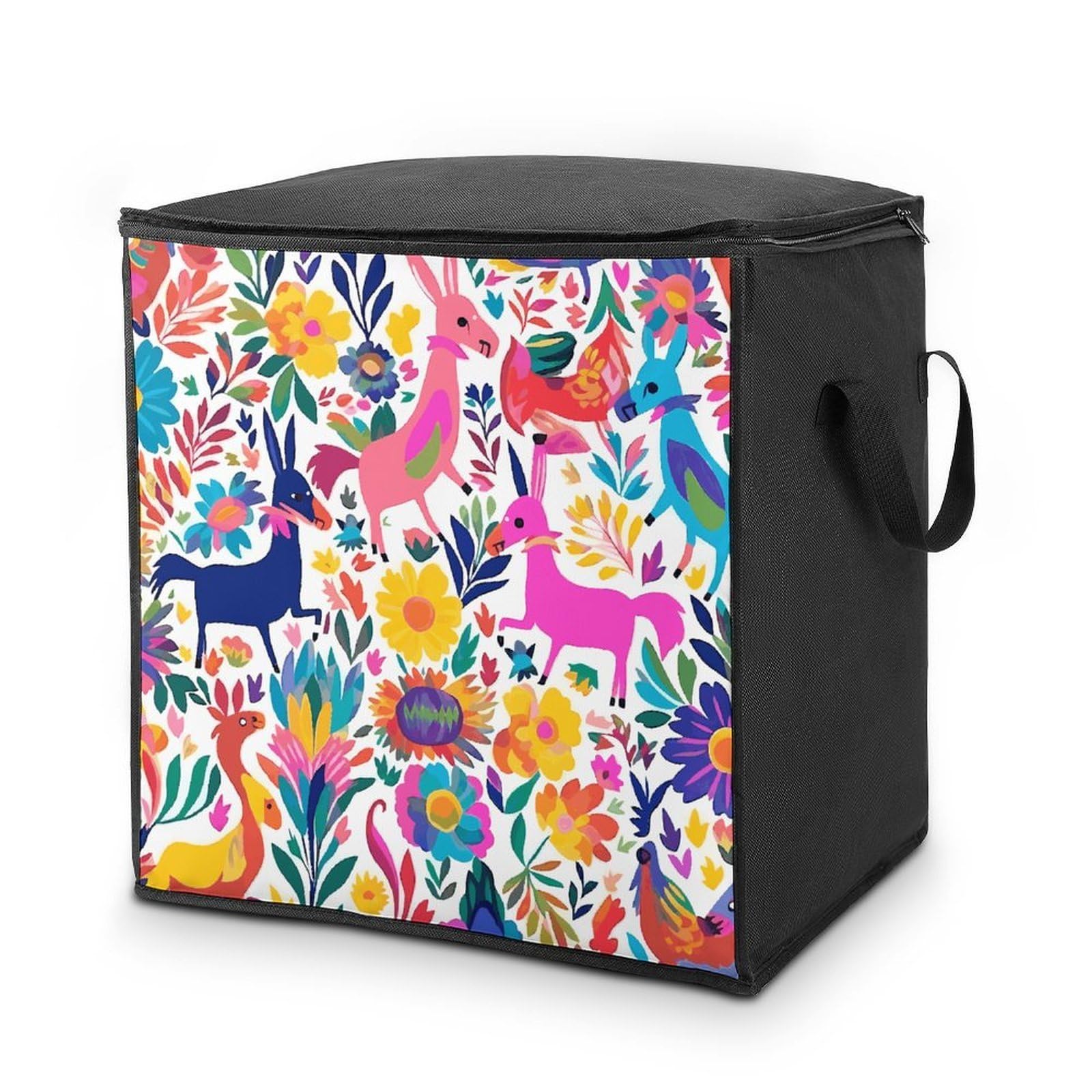 Mexican Otomi Animals Storage Bag with Zippers And Handle Extra Large Bedding Comforter Storage Bag Foldable Blanket Storage Bags Fabric Moving Bags for Closet Organizer (70L)