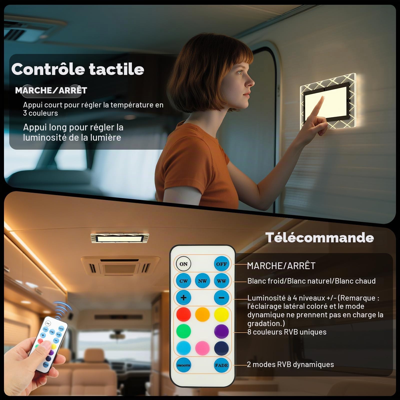 12V Lumières Intérieure à LED Lampe Eclairage, 8 Feux latéraux Multicolores, Plafonnier LED RV 111 LED avec Interrupteur, 1800LM réglable RV de Toit de Lampes pour Camping-Car, Bateau
