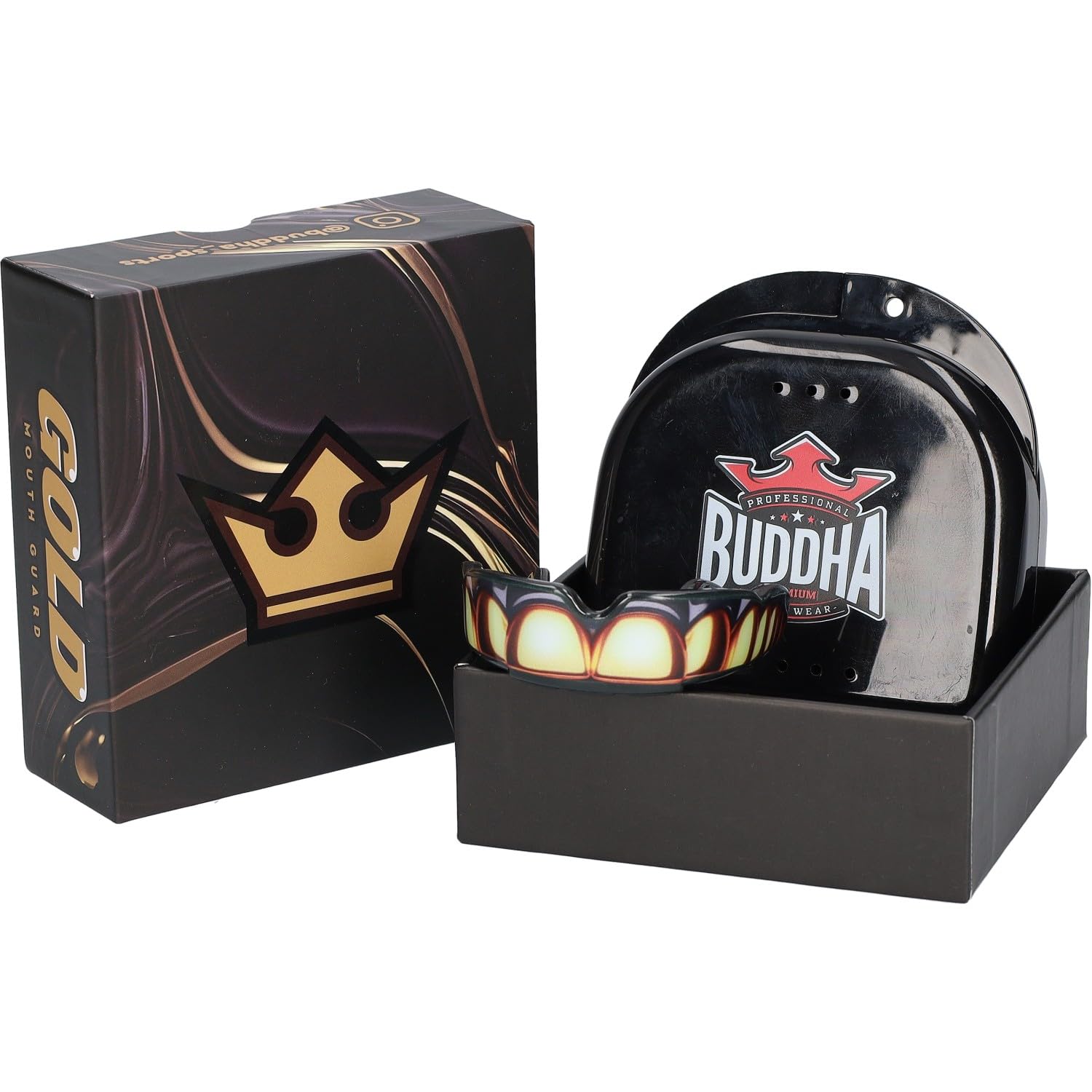 BUDDHA FIGHT WEAR Protège-dents premium adultes et enfants à partir de 12 ans pour tous les sports de contact, y compris le rugby, le MMA, le kickboxing, le judo, le hockey et la boxe (noir-or)