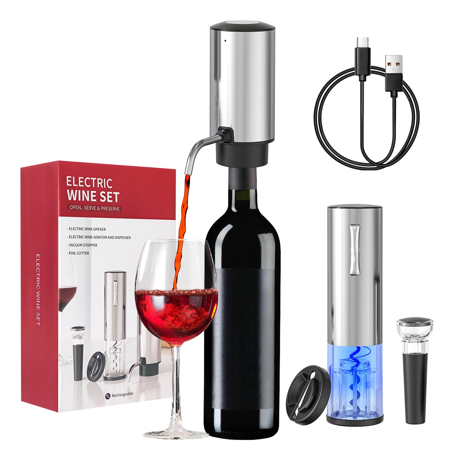 Todeco Set de Vino Eléctrico, Sacacorchos USB-C con Aireador y Tapón