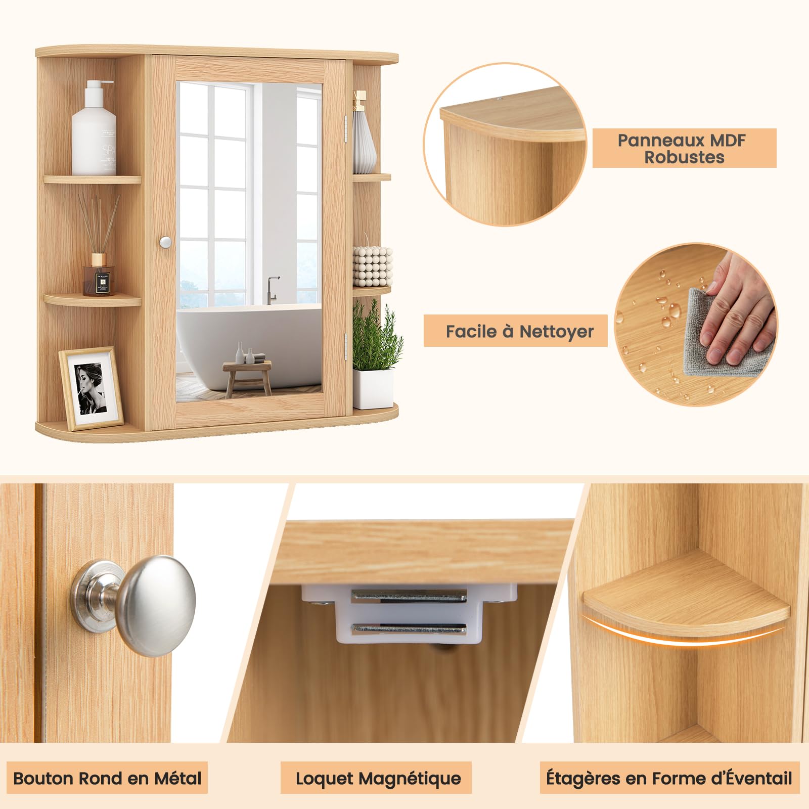 COSTWAY Armoire Murale de Salle de Bains avec Miroir avec Etagères Réglables et Compartiments Ouverts Armoire à Pharmacie pour Toilette (Naturel) (Naturel)