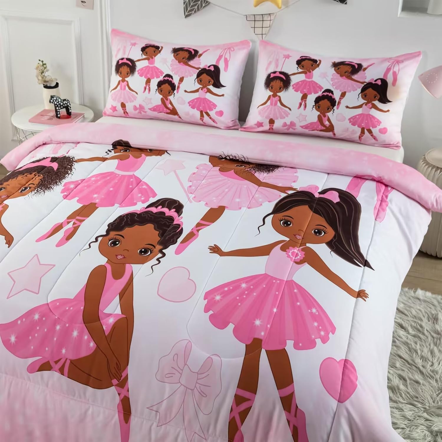Girls Pink Ballerina Comforter Set Twin,African American Black Girl Bedding Set,Cute Little Ballet Princess Comforter Set Bedspread for Kids Toddler Girls BeBedroom Set Room Decor - Image 4
