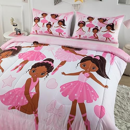 Miniatura 4 de Juego de edredón de bailarina rosa para niñas, juego de ropa de cama para niñas afroamericanas, lindo juego de edredón de princesa ballet para niños