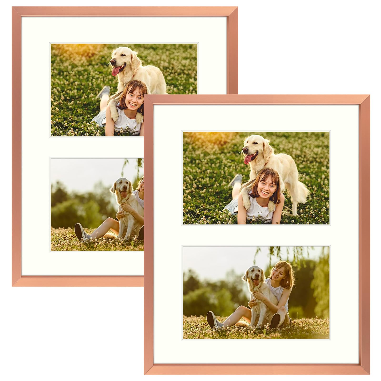 Golden State Art, 4x6 Aluminum Collage Frame, Displays 6x4 Pictures With 2 Openings Mat or One 8x10 Photo, Real Glass, Portrait/Landscape Wall/Tabletop Display, Rose Gold, 2 Pack