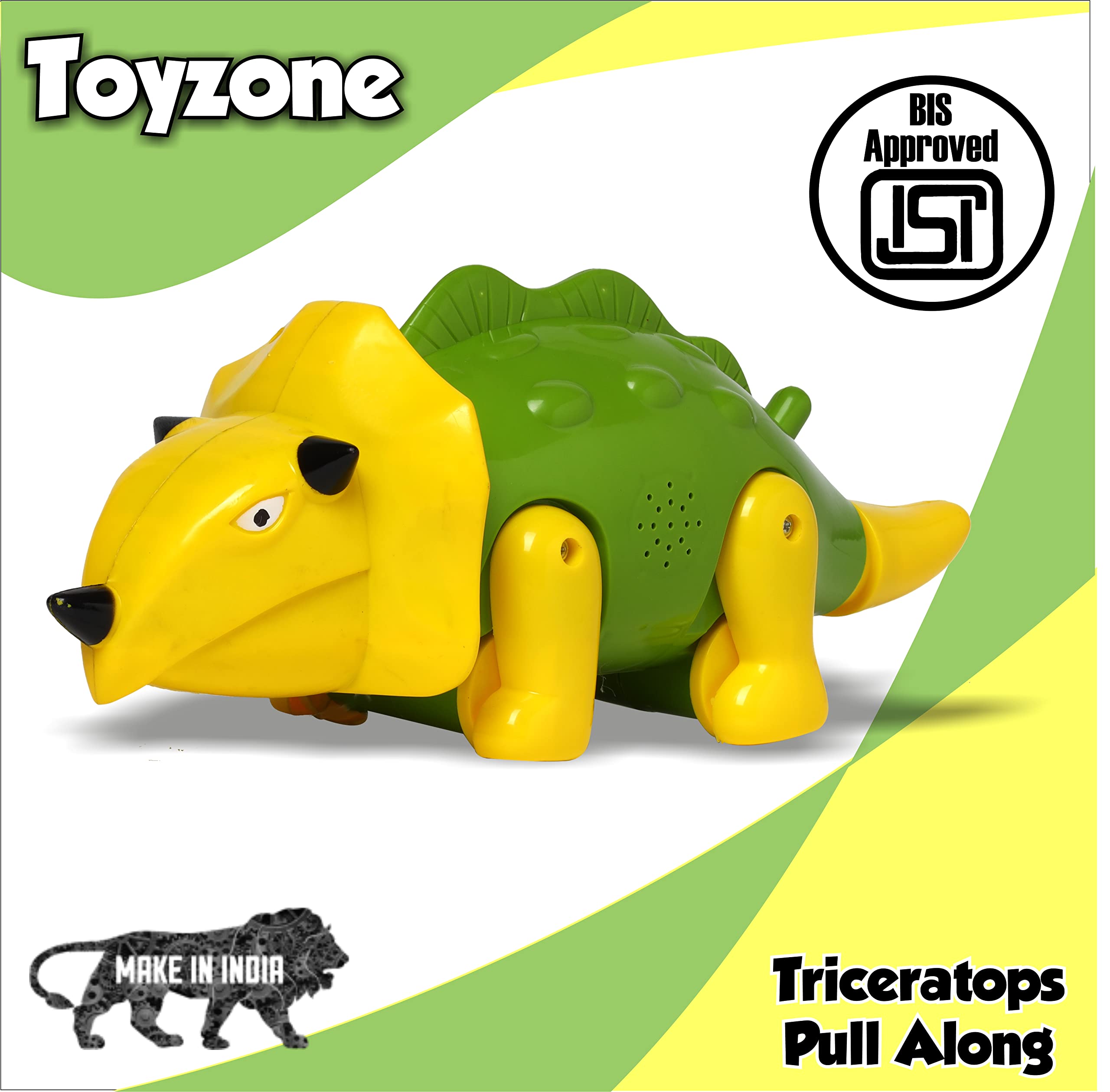 Toyzone Pull Along Triceratops Dinosaur | Plastic Pull Toy | Early Learning and Motor Skills Toys | Early Learning and Motor Skills Toy, 3Y+, Green & Yellow 4