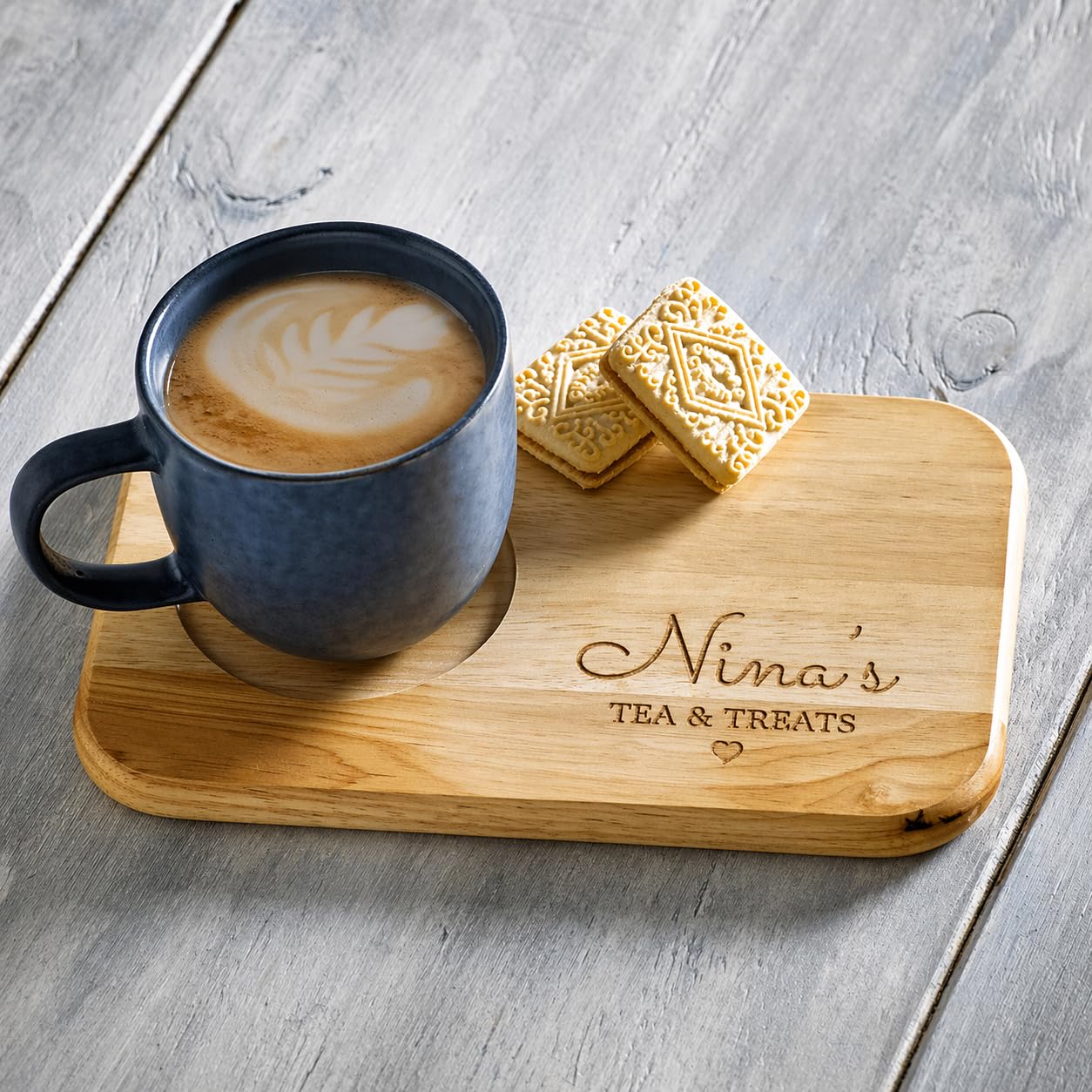 Just Giftz | Personalised Tea & Biscuit Serving Board – Engraved Wooden Mug Holder & Snack Board | Custom Coffee & Cake Tray | Mother's Day, Father's Day & Family Gift – 23x15cm