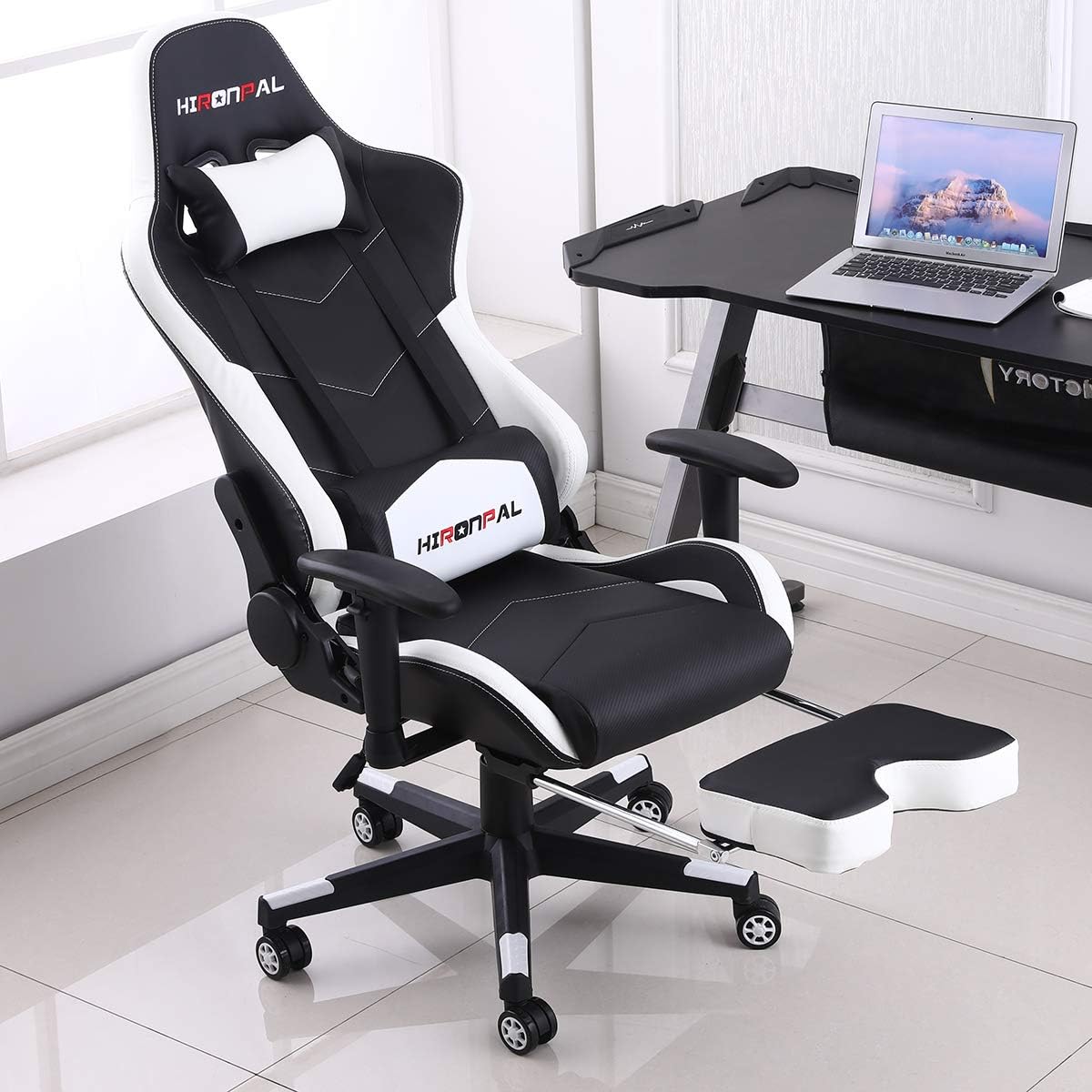 Hironpal Gaming Chair with Footrest Home Office PC Desk Computer Racing Executive Chair, Ergonomic Swivel 180° Reclining Leather Chair Adjustable with Lumbar and Headrest Cushion 3D Armrest
