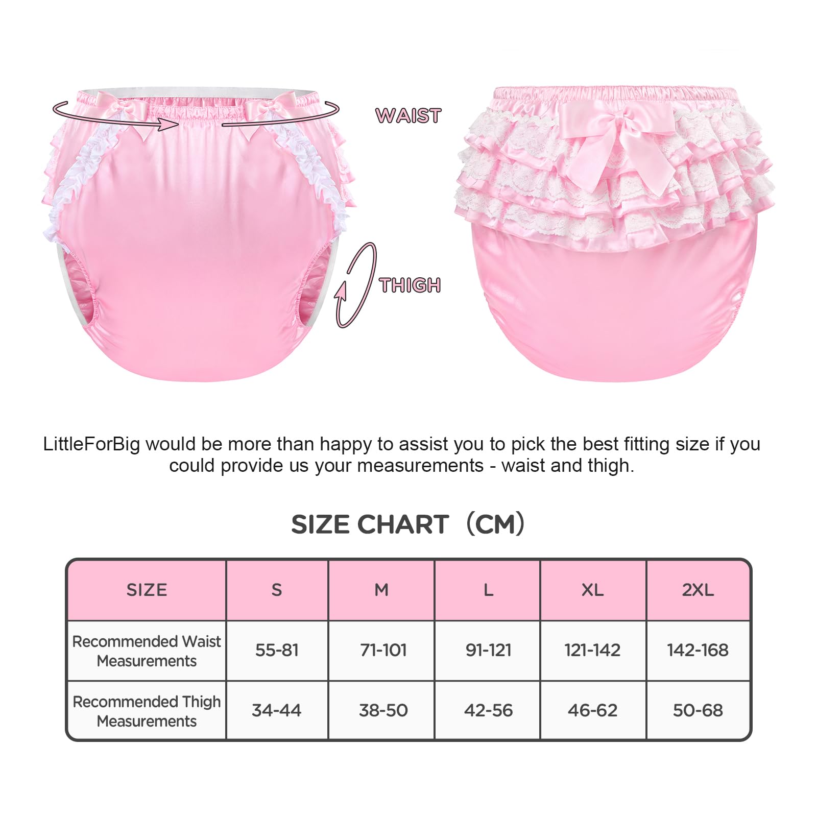 LittleForBig Lavable Reutilizable Resistente al Agua Con Volantes de Encaje y Lazo Bonitos en Rosa Satén para Cubierta de Pañal para Adultos Talla M
