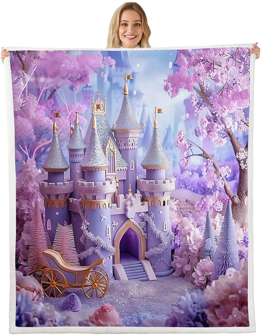 Erosebridal Princess Castle Kids Sherpa Blankets Dreamy Aesthetic Castle Girls Twin 60"X80" Throw Bed Blanket Romantic Cherry Blossom Fleece Blanket Pink Flowers Plush Bed Blanket