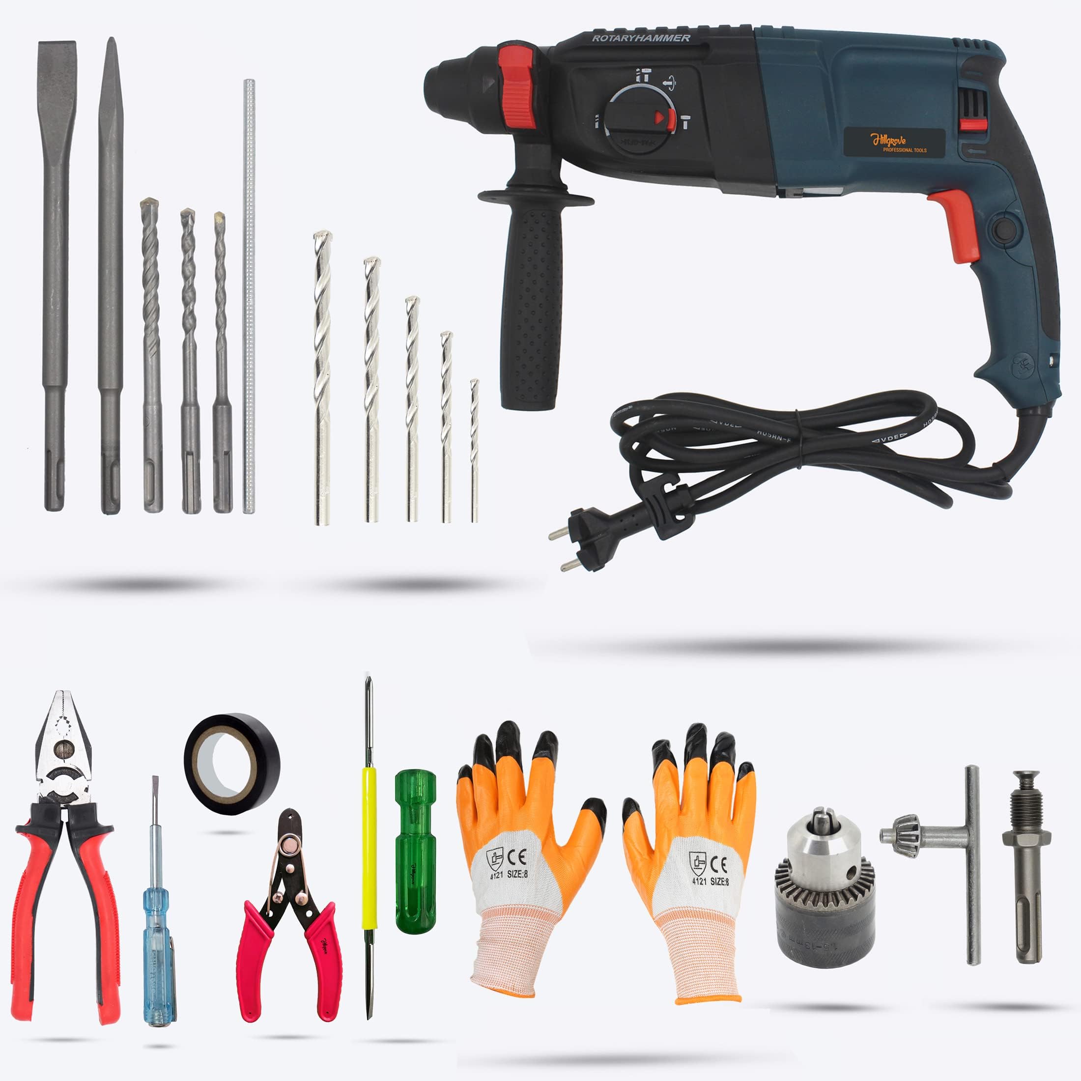 HGCM28M2 26mm Hammer Impact Drill Machine Forward/Reverse Rotation with 5Pcs Hand Tool Kit,Drill Chunk(13mm),5Pcs SDS Plus,5Pcs Masonry Drill Bit Set For Making Holes in Metal/Wood/Concrete