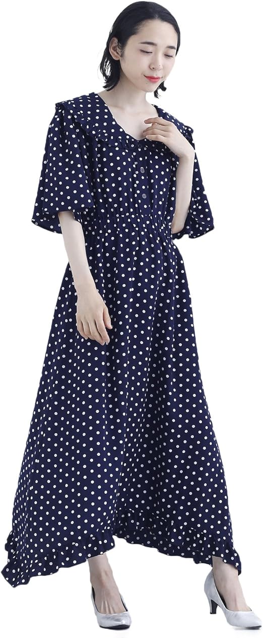 Amazon Co Jp メルロー Merlot ドット柄ビッグ襟ワンピース7659 Free ネイビー 服 ファッション小物