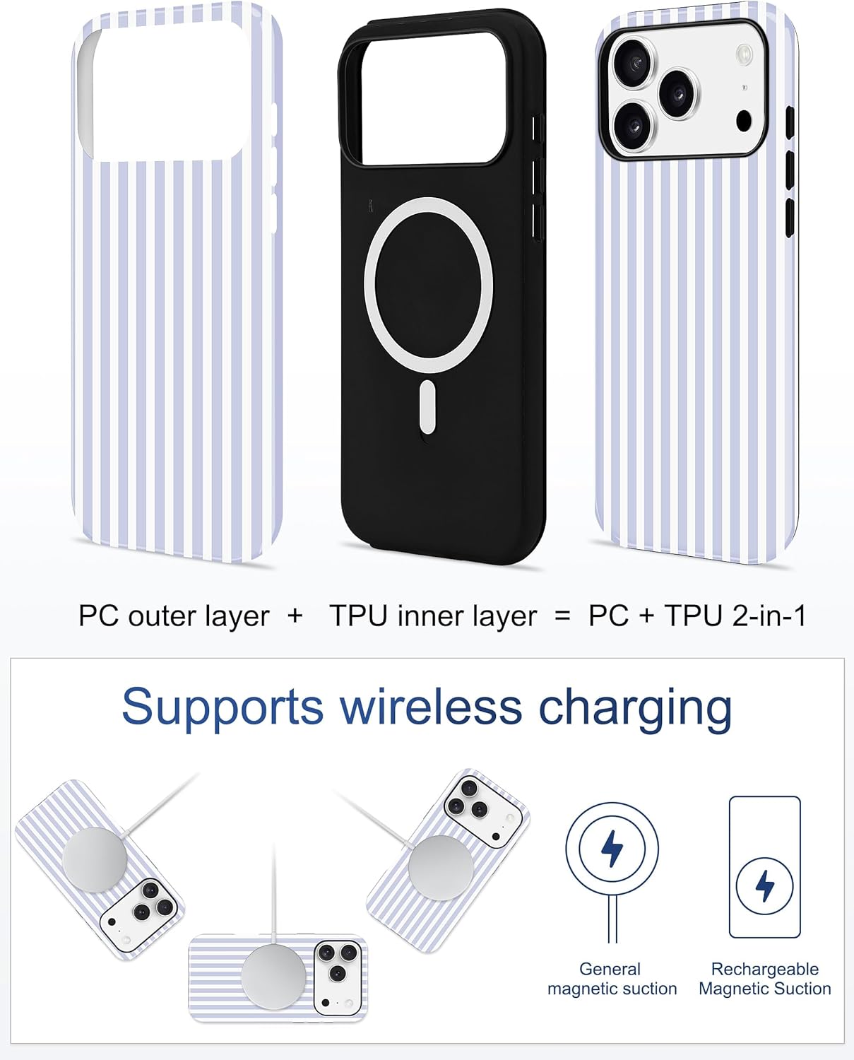 Jusy Compatible with MagSafe Striped Case for iPhone 17 Pro Max, Cute Aesthetic Striped Magnetic Phone Case, Soft TPU and Hard PC Protective Phone Cover for Women Girls(Matte)- Blue and White - Image 2