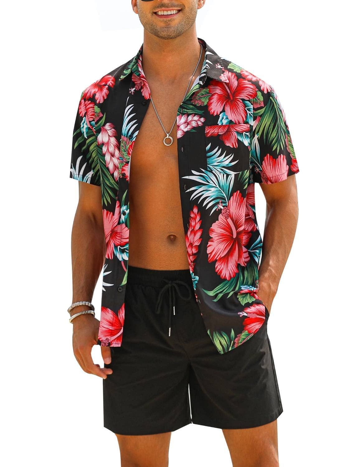 EISHOPEERMen's Flower Shirt Hawaiian Sets Casual Button Down Short Sleeve Shirt and Solid Quick Dry Beach Shorts S-3XL