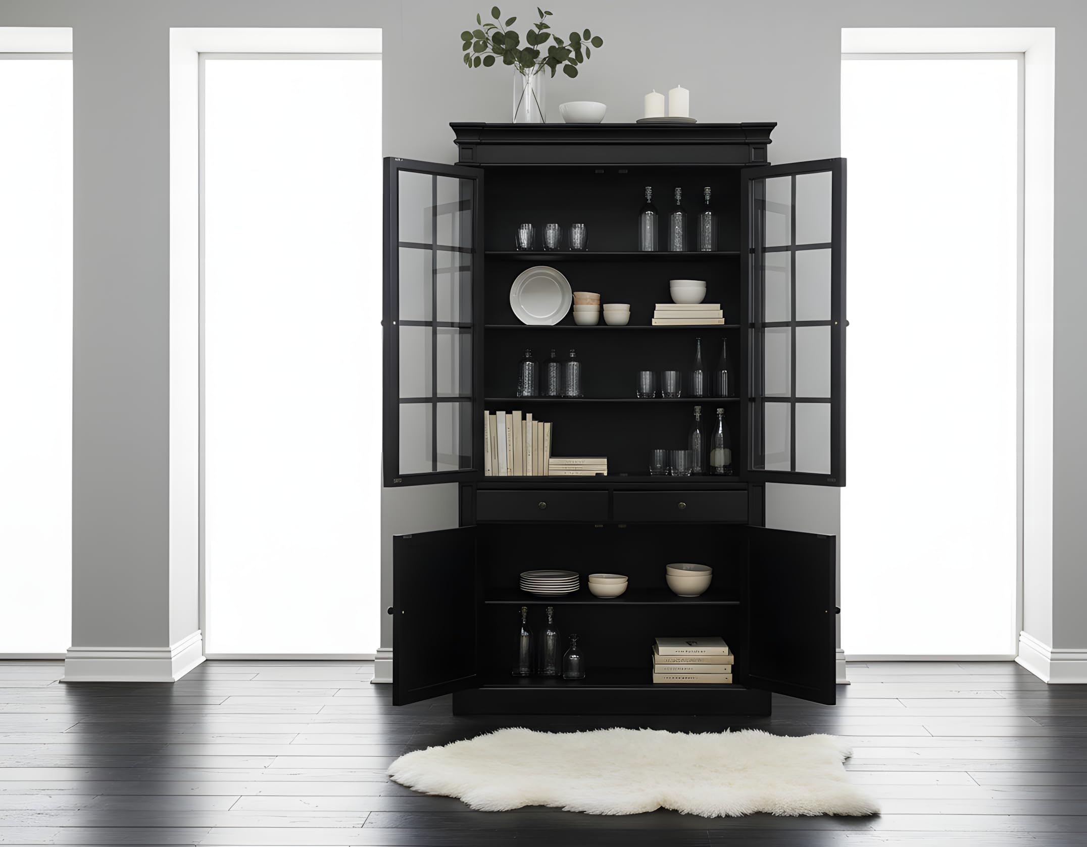 Amaretta, Vitrinenschrank, Massivholz, schwarz lackiert, antik patiniert, 2 Türen, 2 Schubladen, 1 Einlegeböden, Glasfront, Metallgriffe, B 110 x H 200 x T 45 cm, Gewicht 114,5 kg