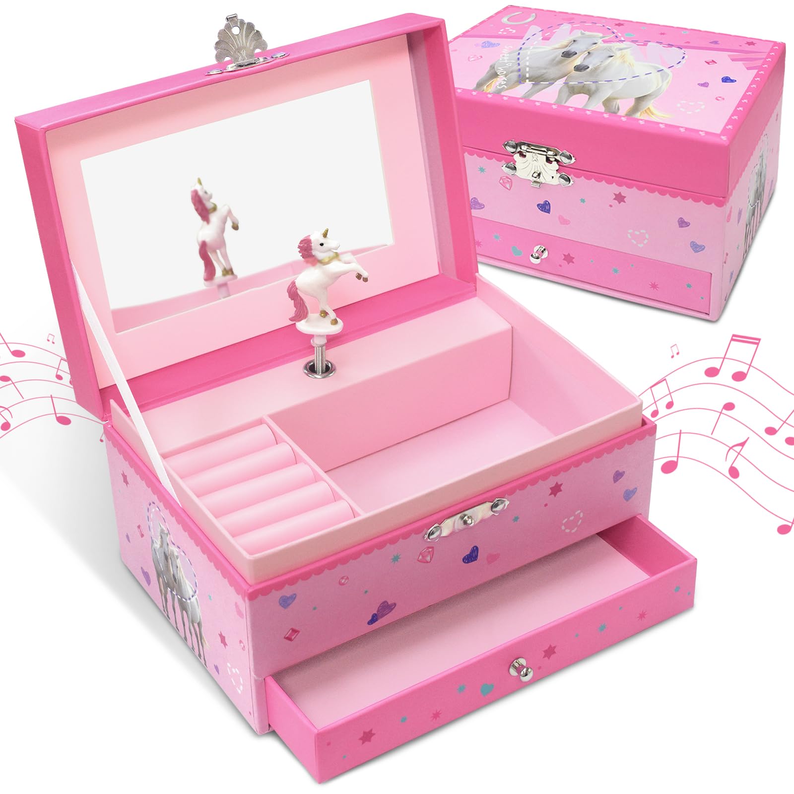 GINMLYDA Musical Horse Jewellery Box for Girls, Kids Music Box with Spinning Horse, Jewellery Boxes, Birthday Gifts for Little Girls, 15.2 x 11.8 x 8.9 cm - Ages 3-10,Pink