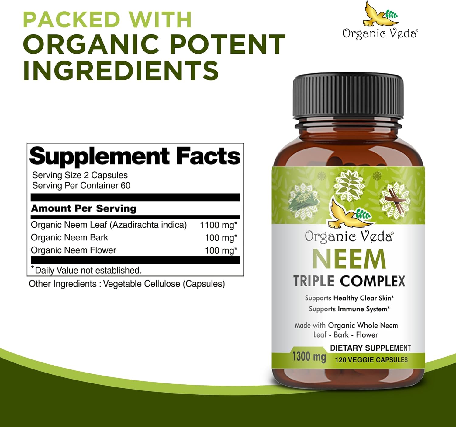 Organic Veda Neem Capsules Triple Complex Neem Leaf, Bark & Flower Extracts - Herbal Supplement for Acne, Cleanse & Clear Skin Health - Boost Immune, Gut Health for Women & Men - 120 Vegan Capsules - Image 2