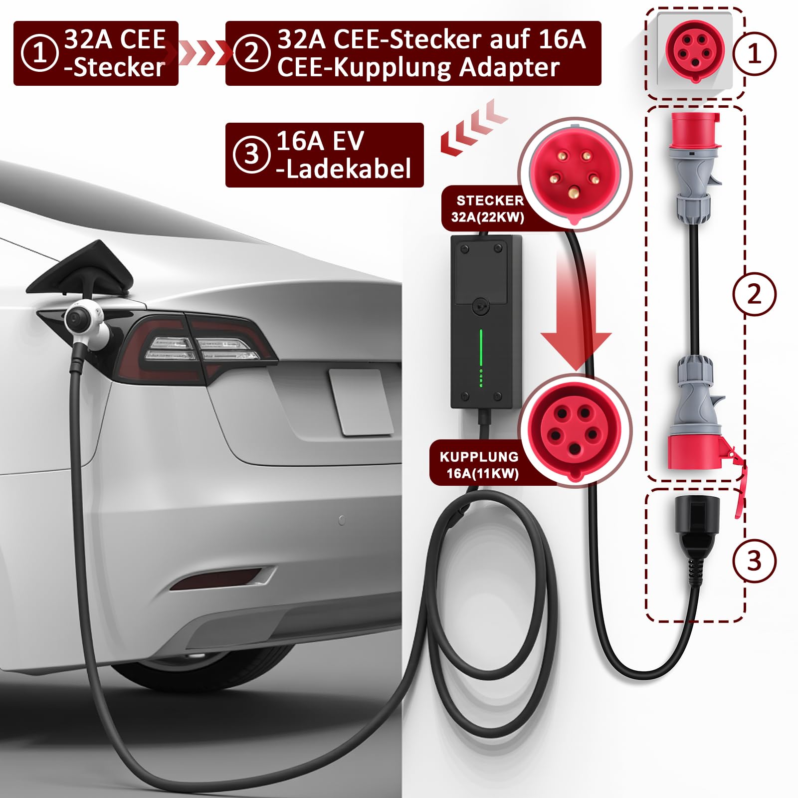 KAOLALI CEE Adapter, 32A(22KW) Stecker auf 16A(11KW) Kupplung, 5-Polig CEE Adapter 32A auf 16A, 400V, Tragbar, Schutzart IP44, 50cm