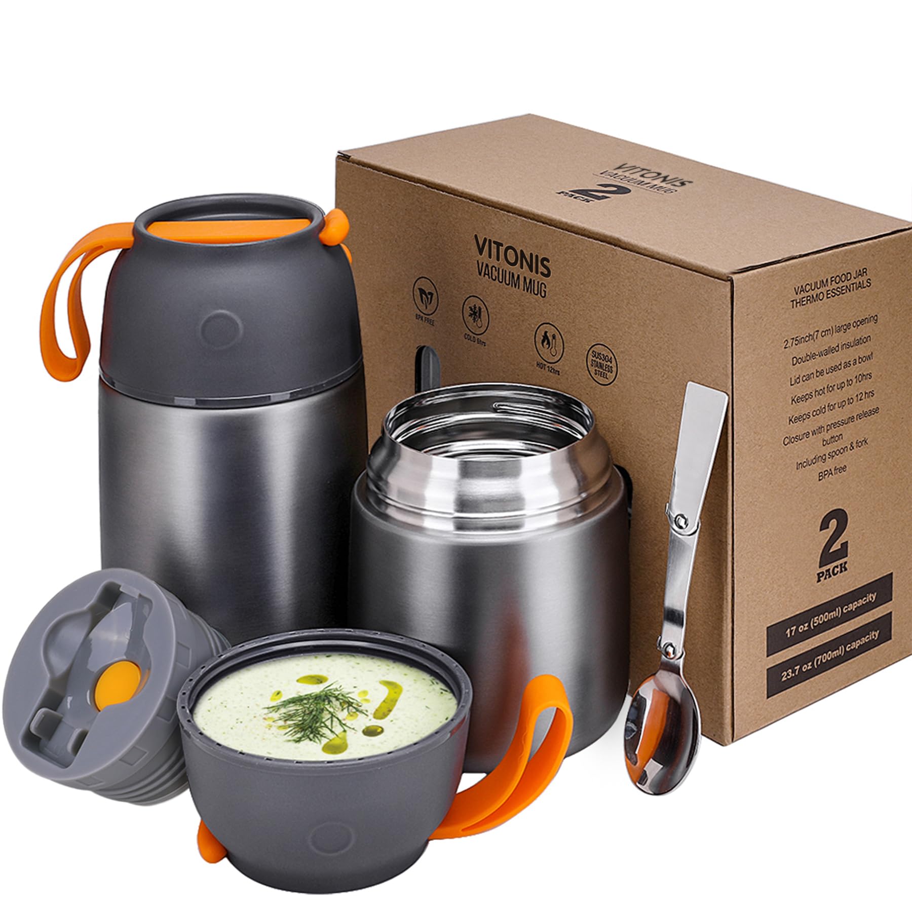 Boîtes Alimentaires Isothermes Set 500ml+700ml, Boîte Isotherme Repas Chaud en Acier Inoxydable avec Cuillère, Thermoisolant Boîte Récipient Thermique sans BPA pour Ecole Bureau, Noir