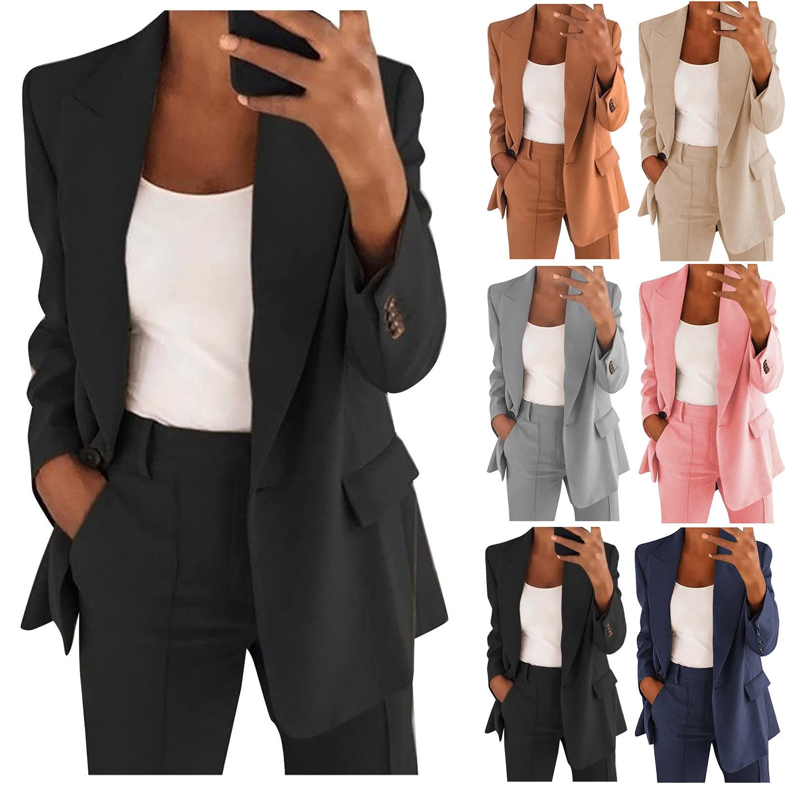 AMhomelyWomen's 2 Piece Outfit Blazer Sets Elegant Business Work Wear Vintage Classic Solid Color Ruched Sleeve Oppen Front Suit Jacket and Straight Leg Pencil Pants Trousers Suits