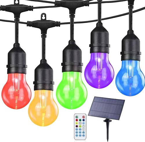 Miniatura 60 de Guirnalda de luces para exteriores de 24 pies, 12 bombillas LED Edison inastillables, regulables, RGB que cambian de color, luces impermeables
