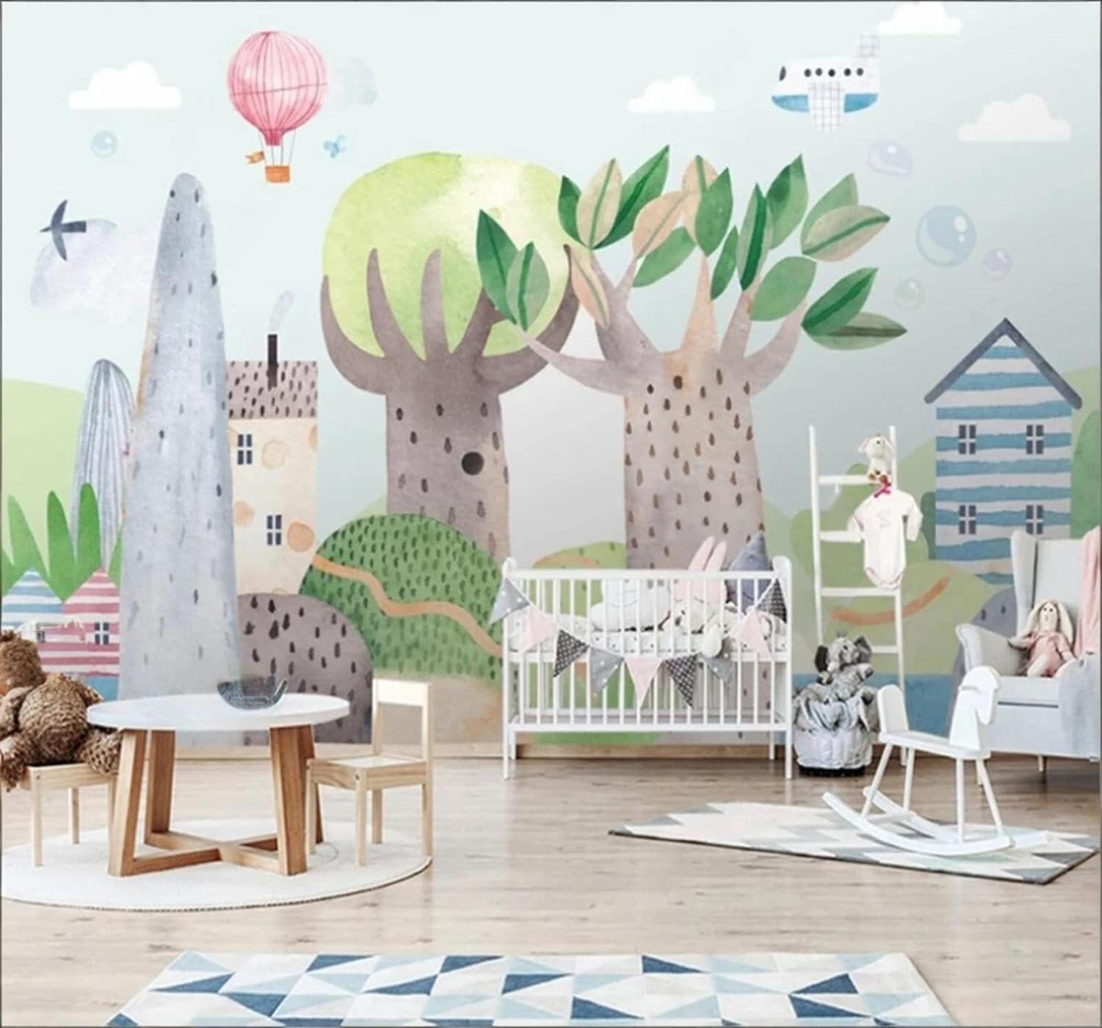 Wallpaper-3D-Xlm 150Cm×105Cm(B×H) Hand Drawn Cartoon Trees Hot Air Balloons Houses 3D Wallpaper Easy Install Feature Office Living Room Sofa Bedroom Tv Background Wall Decoration-150Cm×105Cm