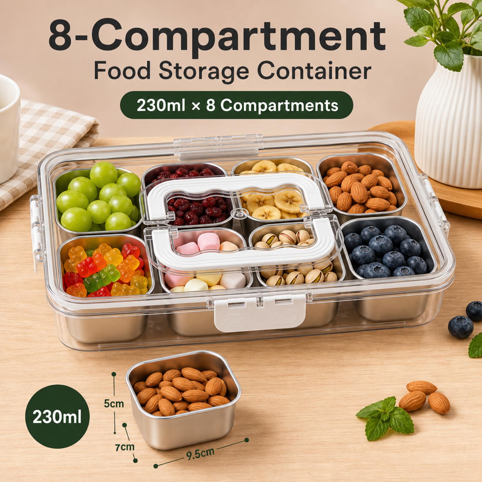 Qingning Stainless Steel Snack Box with 8 Compartments | Snack Box, Divided Serving Tray with Lid, Transparent Snack Plate for Fruits, Nuts, Sweets, Spices