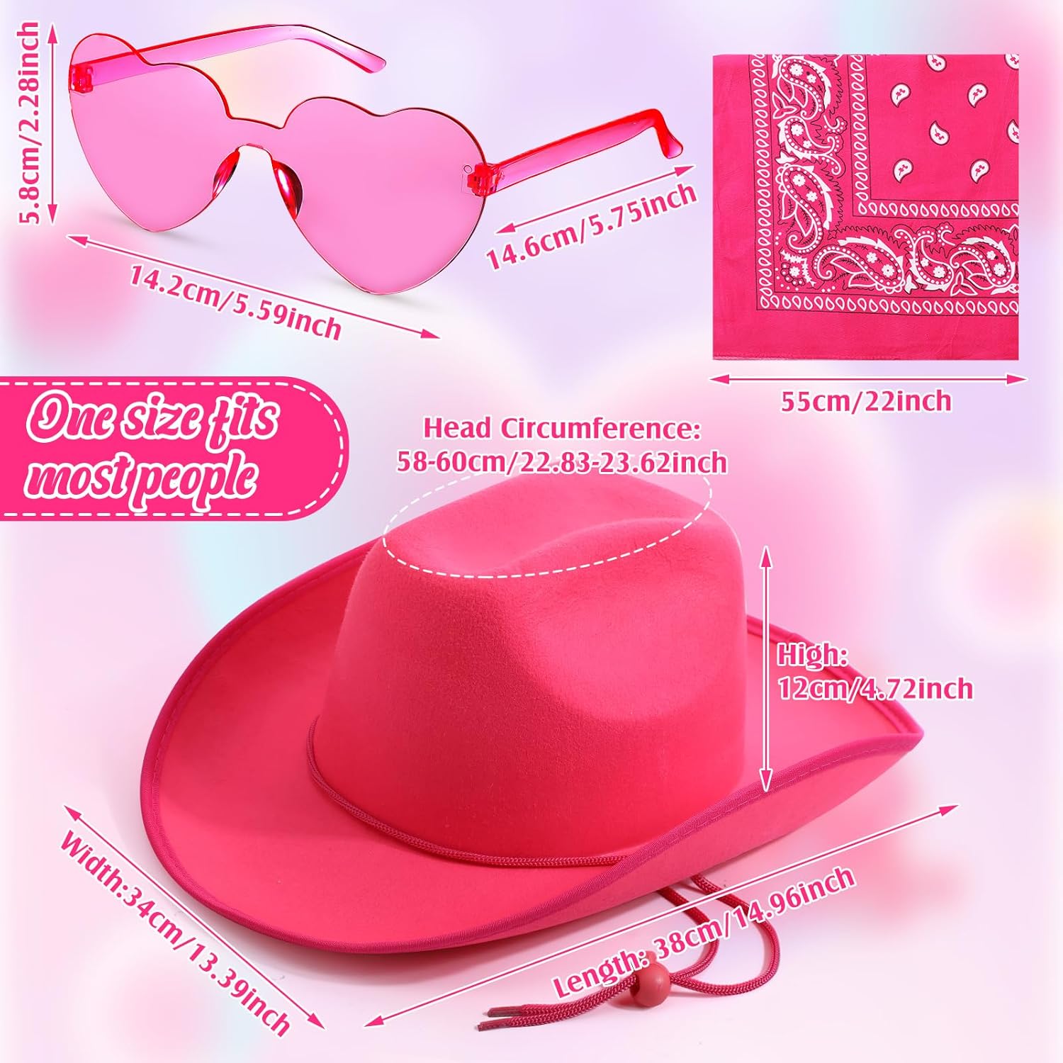 Geyoga 9 Pcs Adult Cowboy Hat with Paisley Bandanas and Heart Shape Sunglasses for Western Cowgirl Party Costume - Image 3