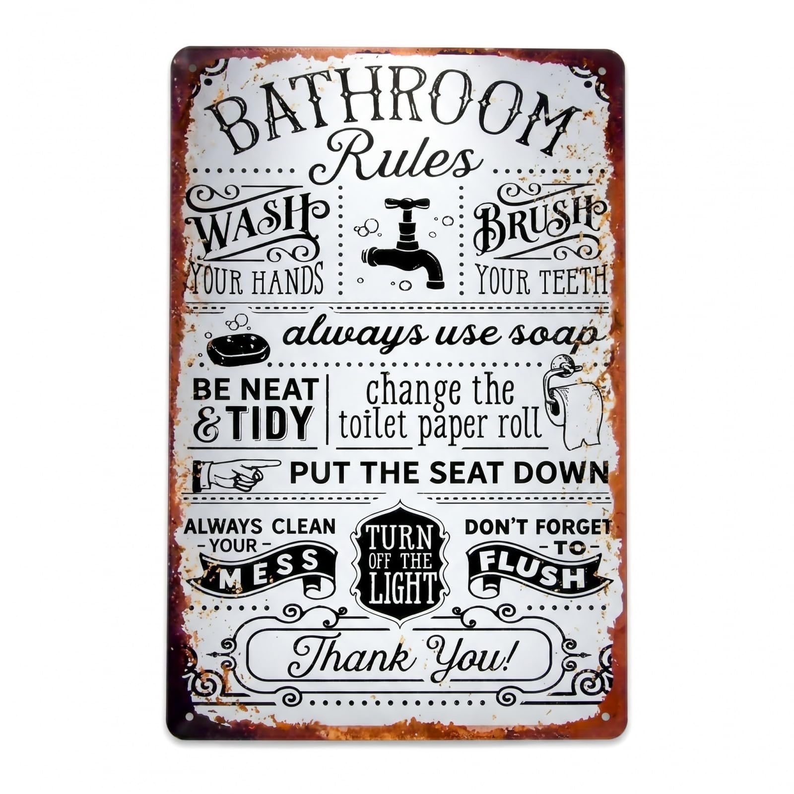 Kemay White Funny Bathroom Decor Sign - Vintage Off- Metal Wall Art, Farmhouse Bathroom Rules Quotes, Rustic Restroom Washroom Wall Decor, Unique Housewarming Gift, 12X8 Inch Tin Sign