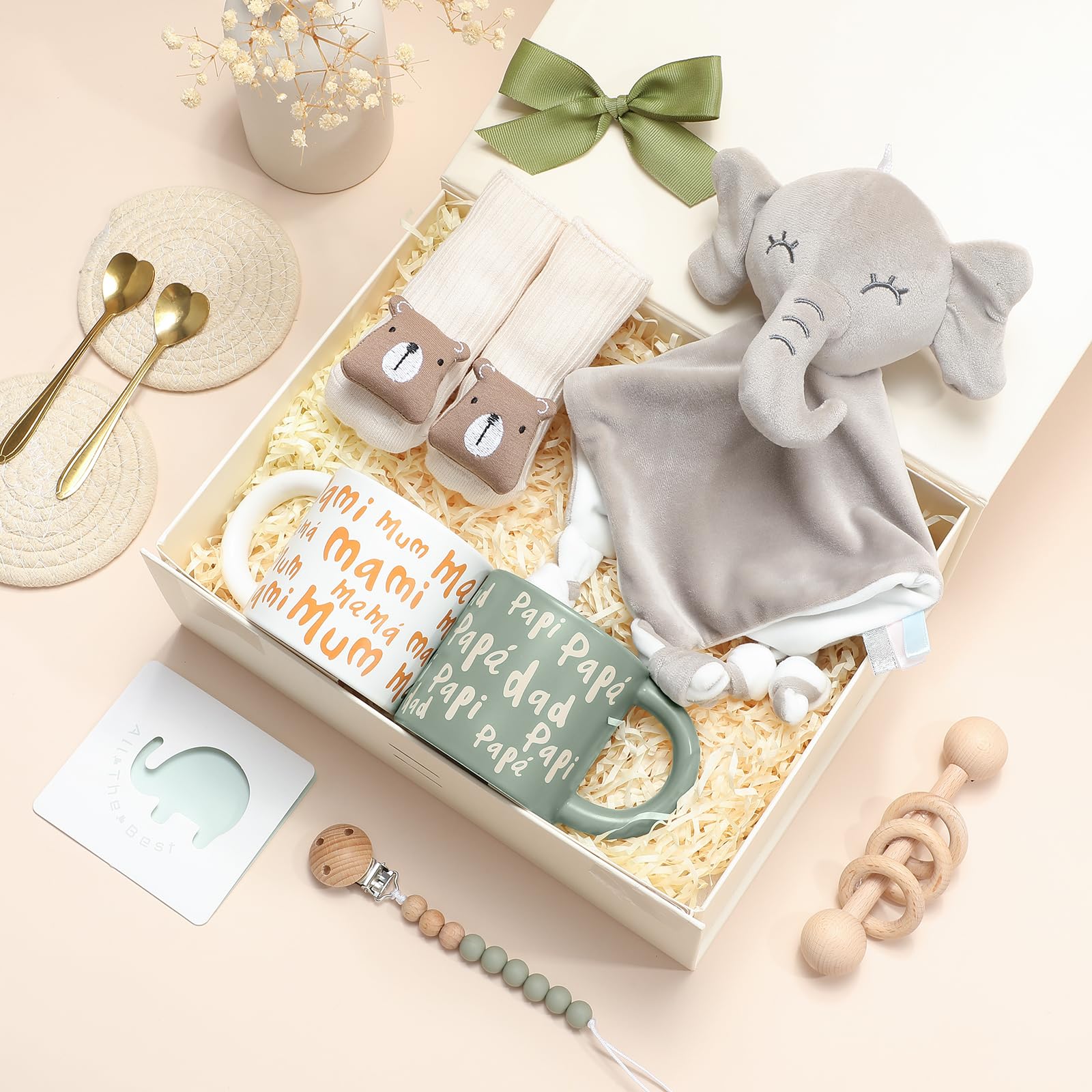 Juego de regalo para nuevos padres, cesta de regalo para recién nacidos, color verde salvia, regalo de nueva mamá, regalo para mujeres, anuncio de embarazo de 2025 para parejas que esperan que los