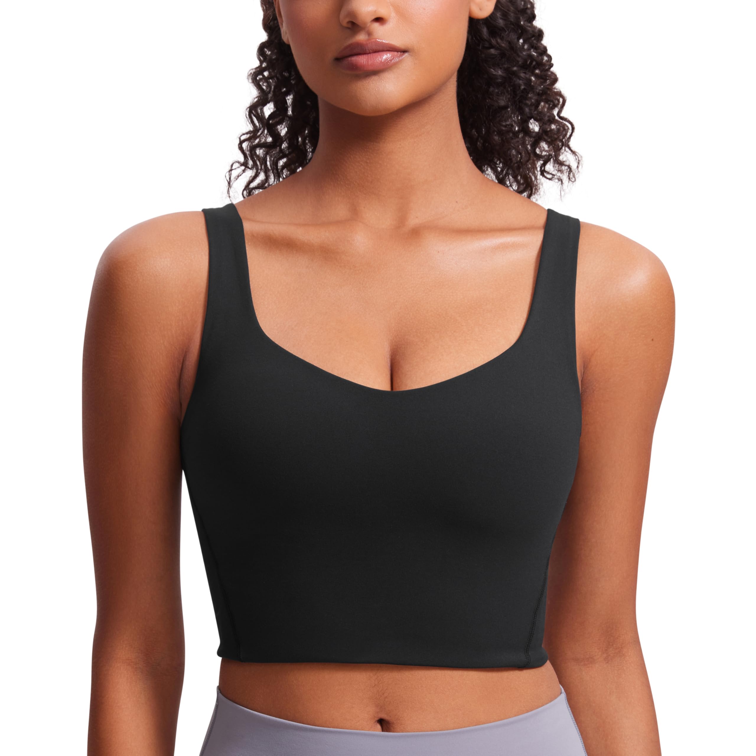 CRZ YOGA Softness Mold Butterluxe Crop Tank Tops | Light Support, Removable Pads, Yoga, Extremely Soft, V Neck, U Back, Wide Straps, Longline Sports Bras for Women