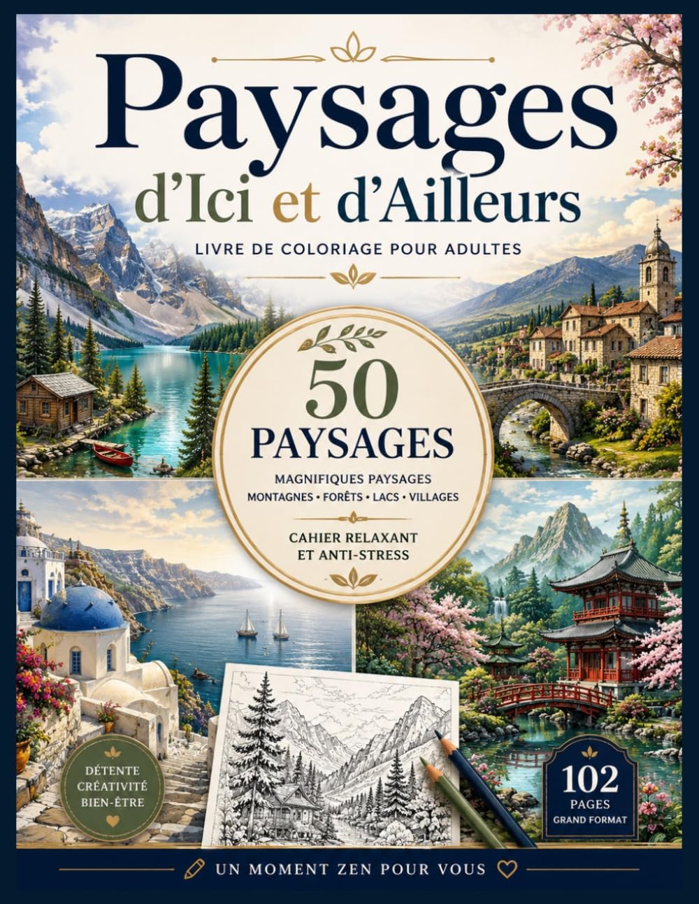 Paysages d’Ici et d’Ailleurs: Livre de Coloriage pour Adultes 50 paysages du monde à colorier | Dessins relaxants et apaisants de montagnes, villages, ... Cahier anti-stress – Grand format, 102 pages