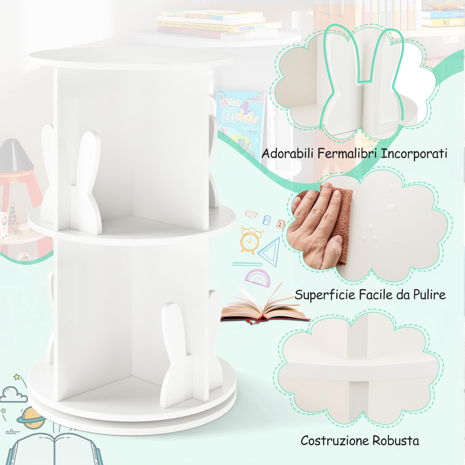 RELAX4LIFE Libreria Scaffale Girevole per Bambini, Porta Libri Rotante a 2 Livelli, Libreria in Legno per Soggiorno, Camera da Letto e Studio, 40 x 40 x 65 cm (Coniglio, Bianco)