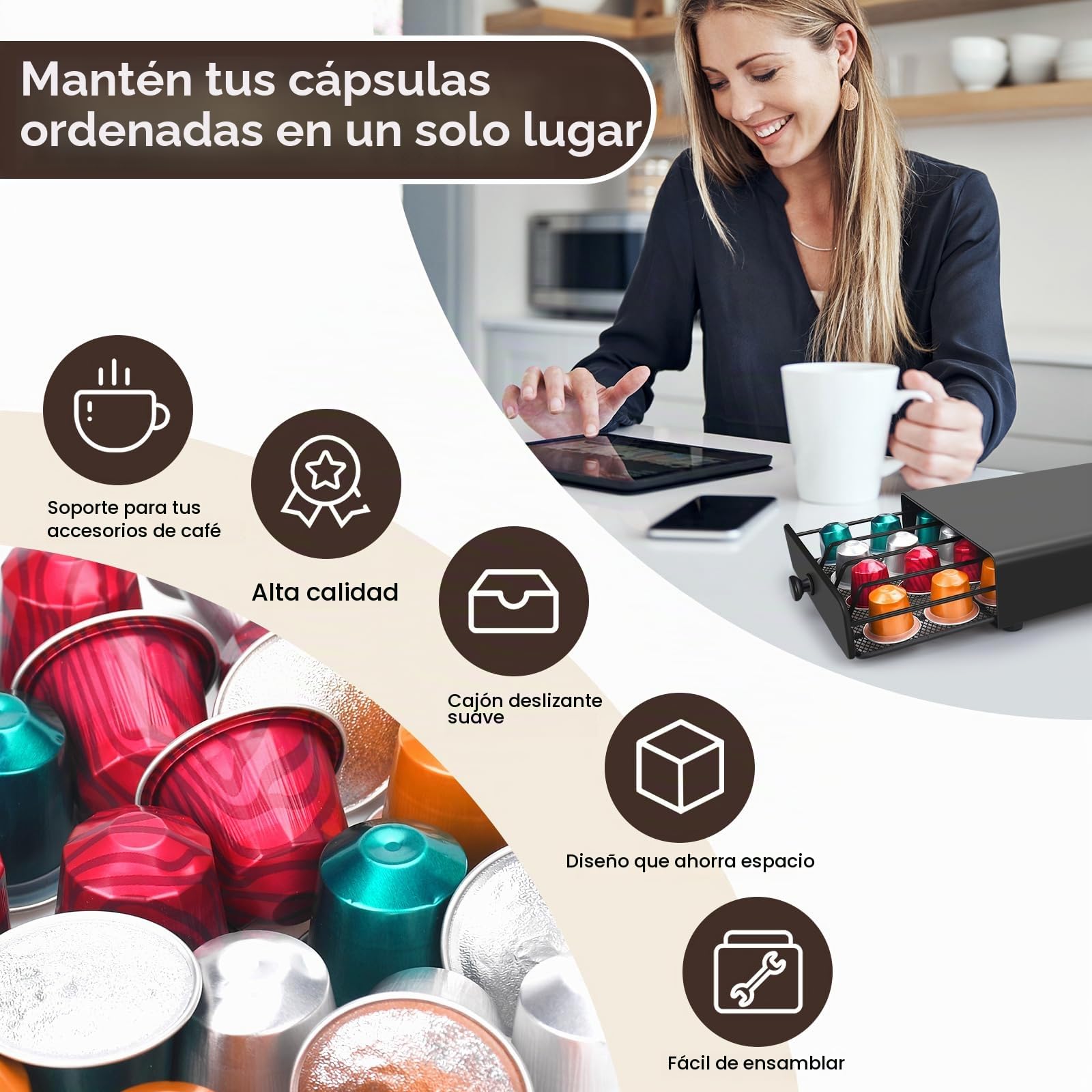 Soporte para Cápsulas de Café, Dispensador con Cajón de Metal - Capacidad 40 Cápsulas, para Casa, Oficina, Cocina - Incluye Paño de Limpieza, Negro